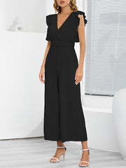 Elegant Ruffled Cap Sleeves High-Waist Pleats Belted Wide Leg Office Jumpsuits