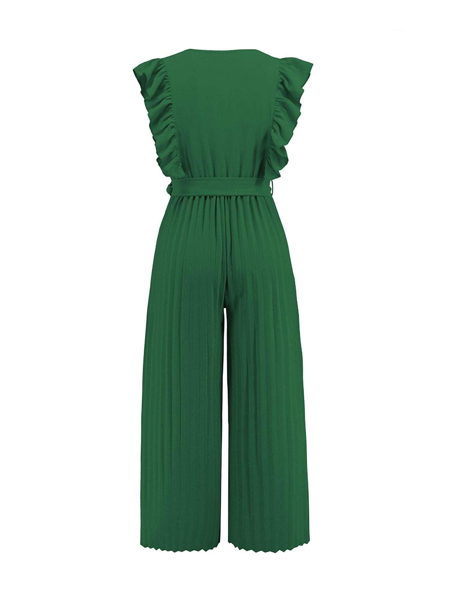 Elegant Ruffled Cap Sleeves High-Waist Pleats Belted Wide Leg Office Jumpsuits
