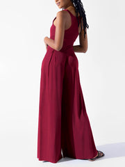 Solid Color Square Neck Sleeveless Wide Leg Jumpsuits