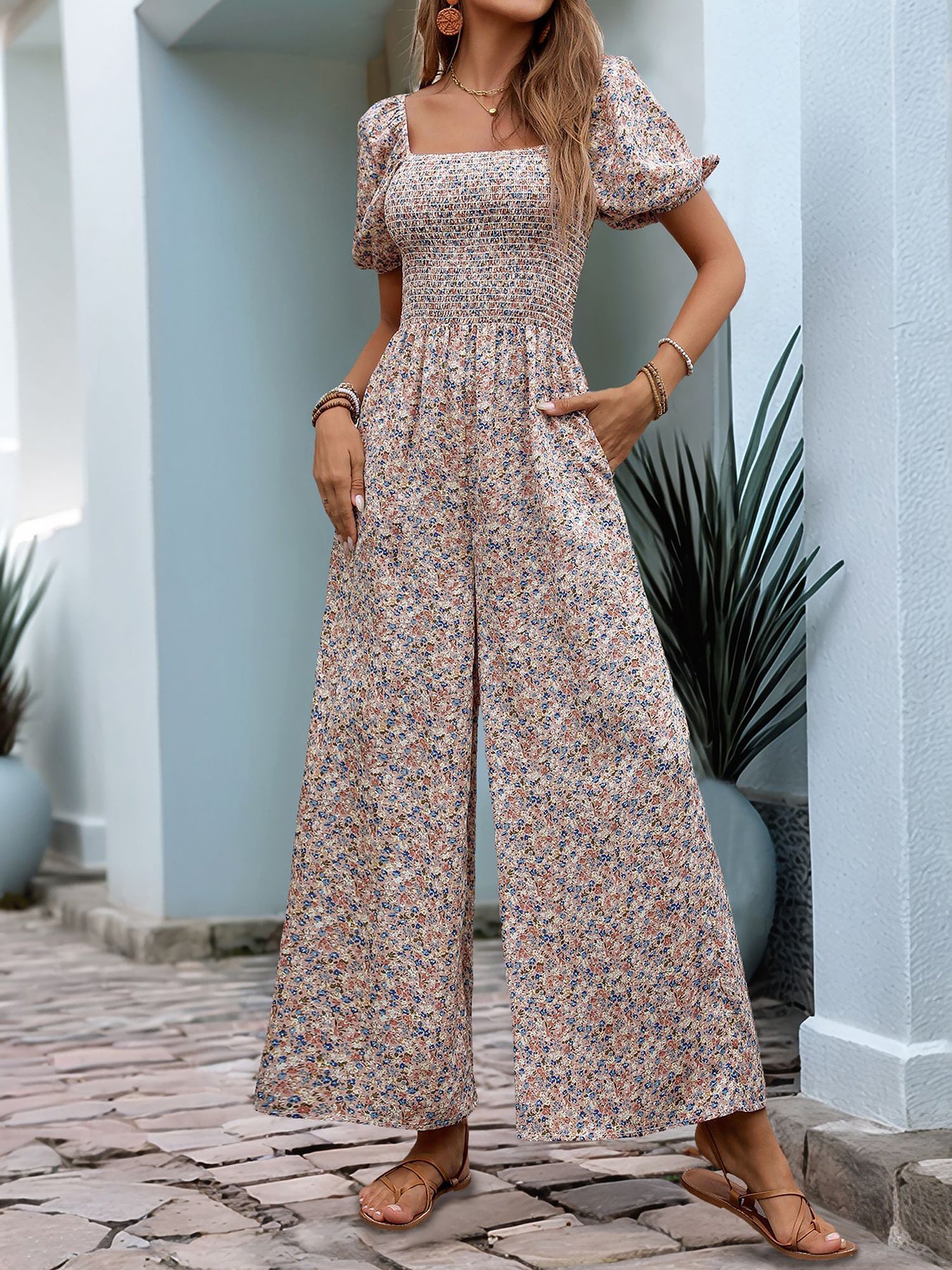 Boho-Chic Square Neck Puff Sleeve Floral Wide Leg Beach Jumpsuits