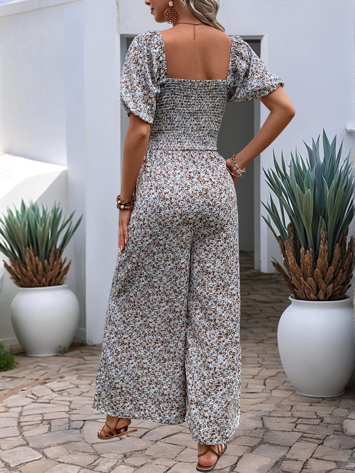 Boho-Chic Square Neck Puff Sleeve Floral Wide Leg Beach Jumpsuits