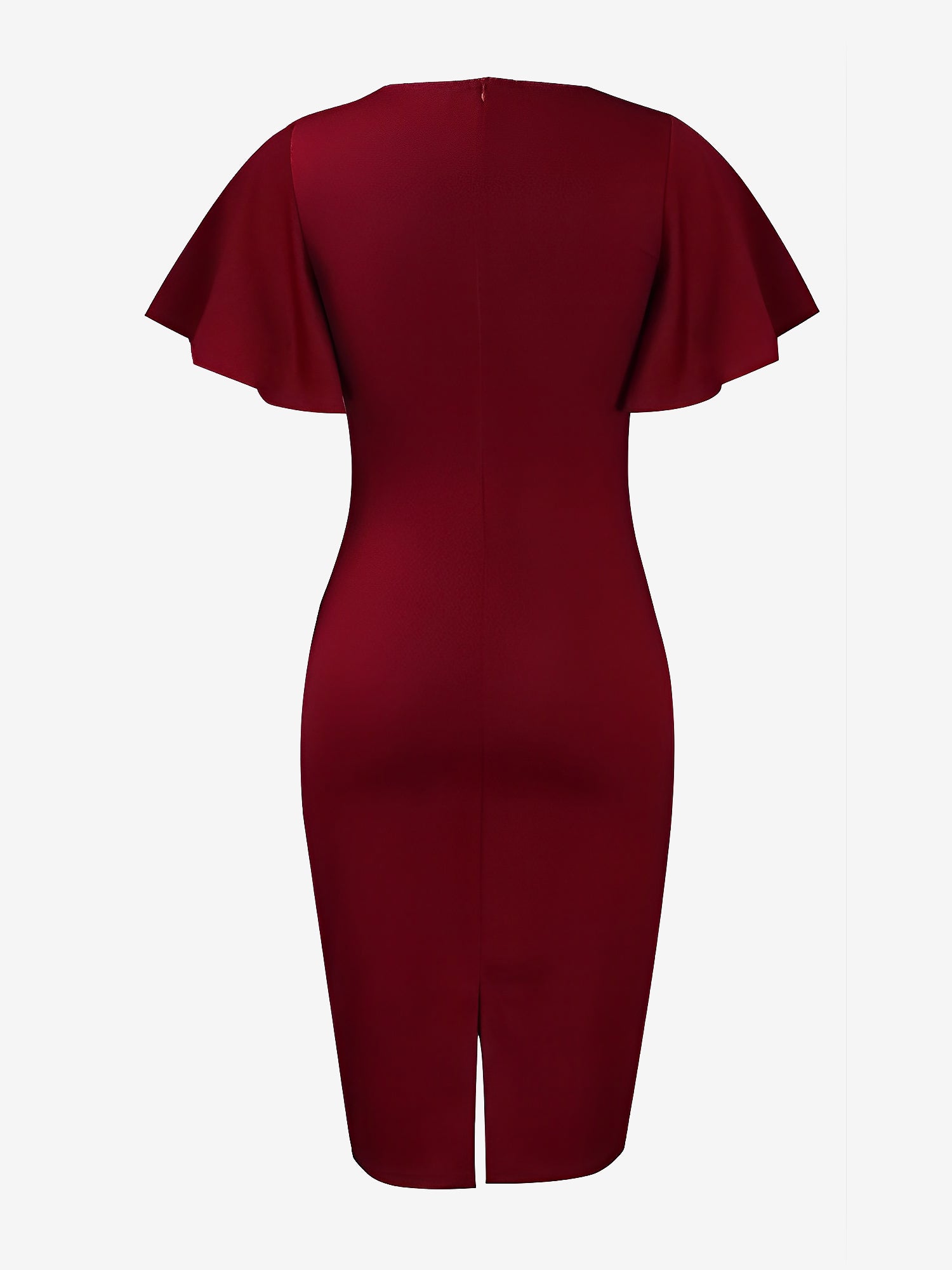 Elegant Flutter Ruffles Short Sleeves Solid Color Midi Slim Sheath Office Dress