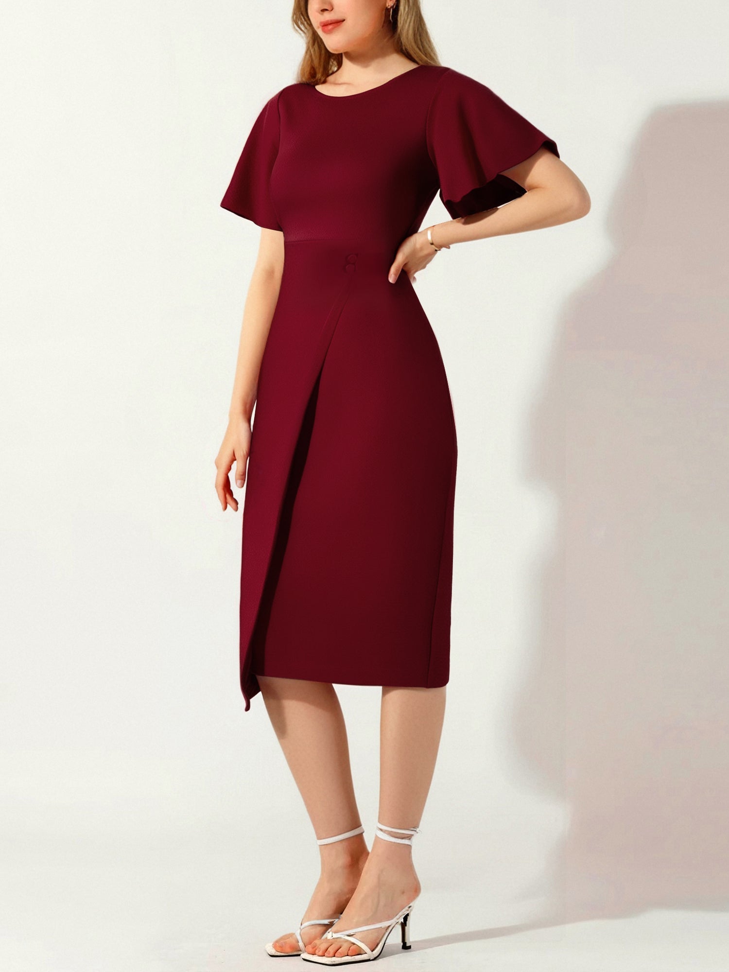 Elegant Flutter Ruffles Short Sleeves Solid Color Midi Slim Sheath Office Dress