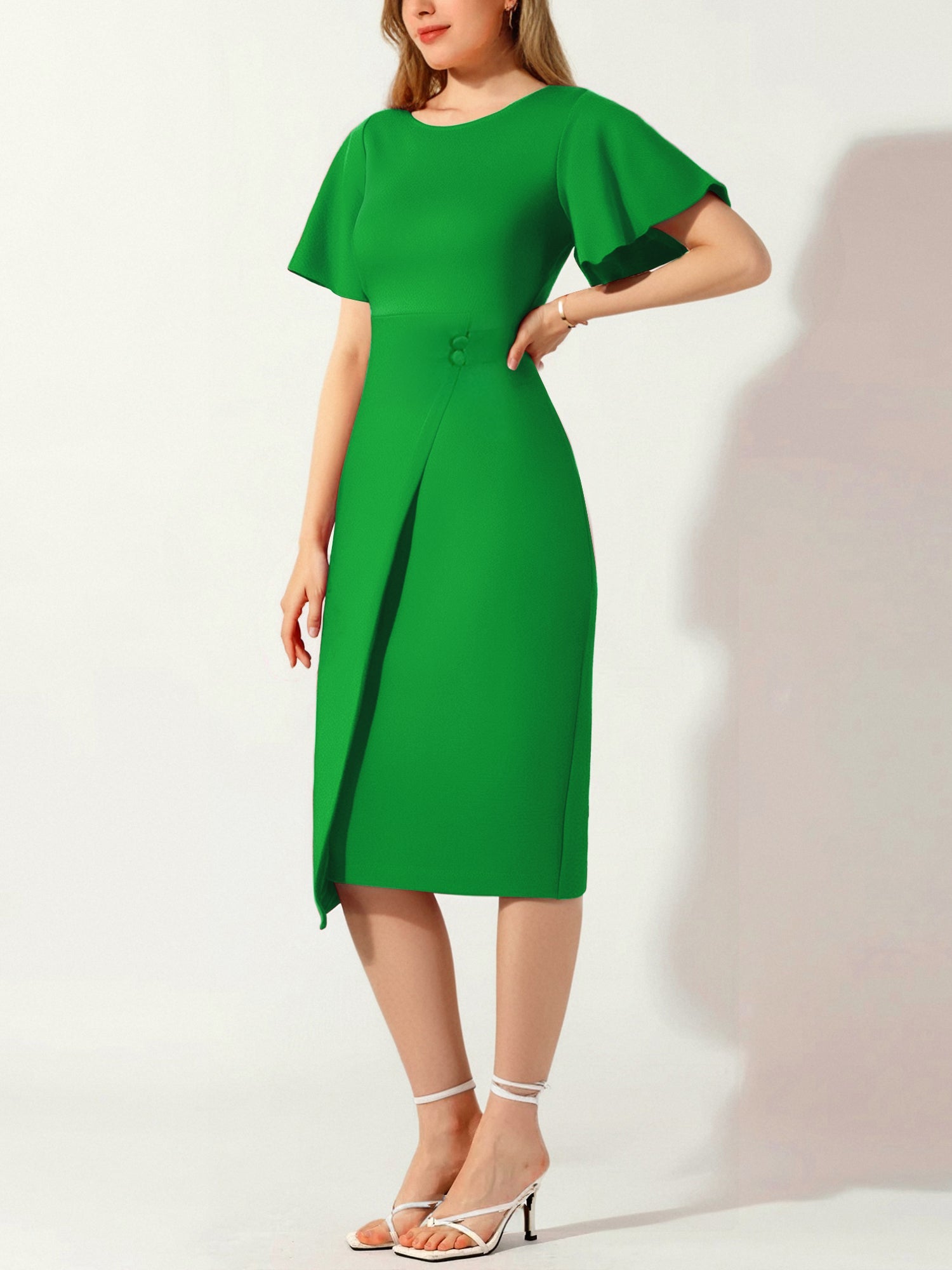Elegant Flutter Ruffles Short Sleeves Solid Color Midi Slim Sheath Office Dress
