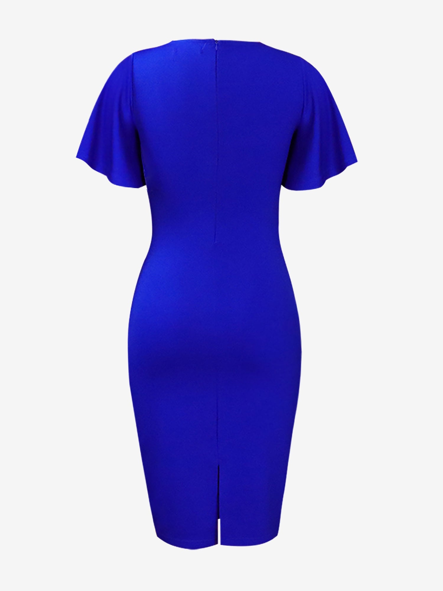Elegant Flutter Ruffles Short Sleeves Solid Color Midi Slim Sheath Office Dress