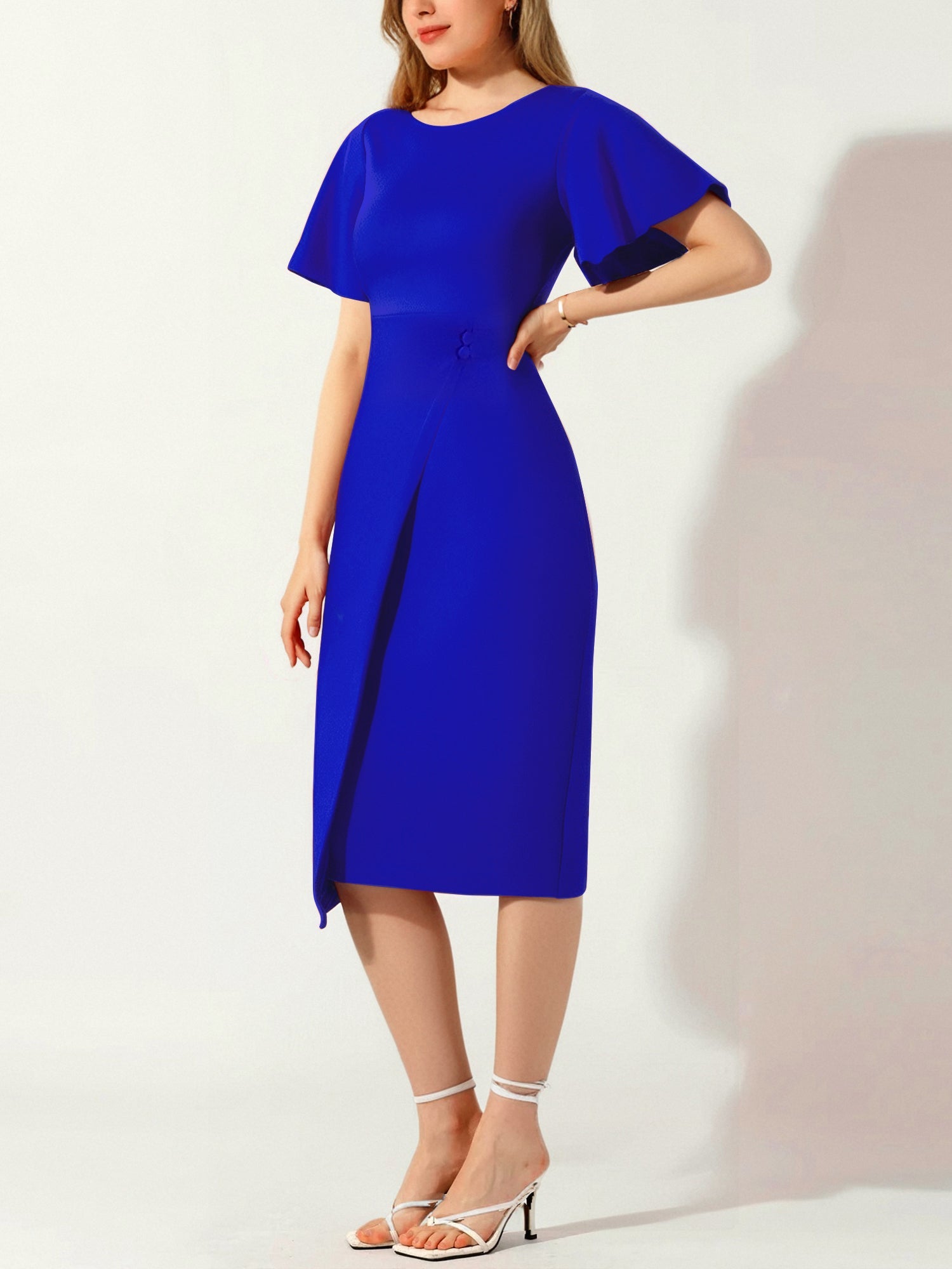 Elegant Flutter Ruffles Short Sleeves Solid Color Midi Slim Sheath Office Dress