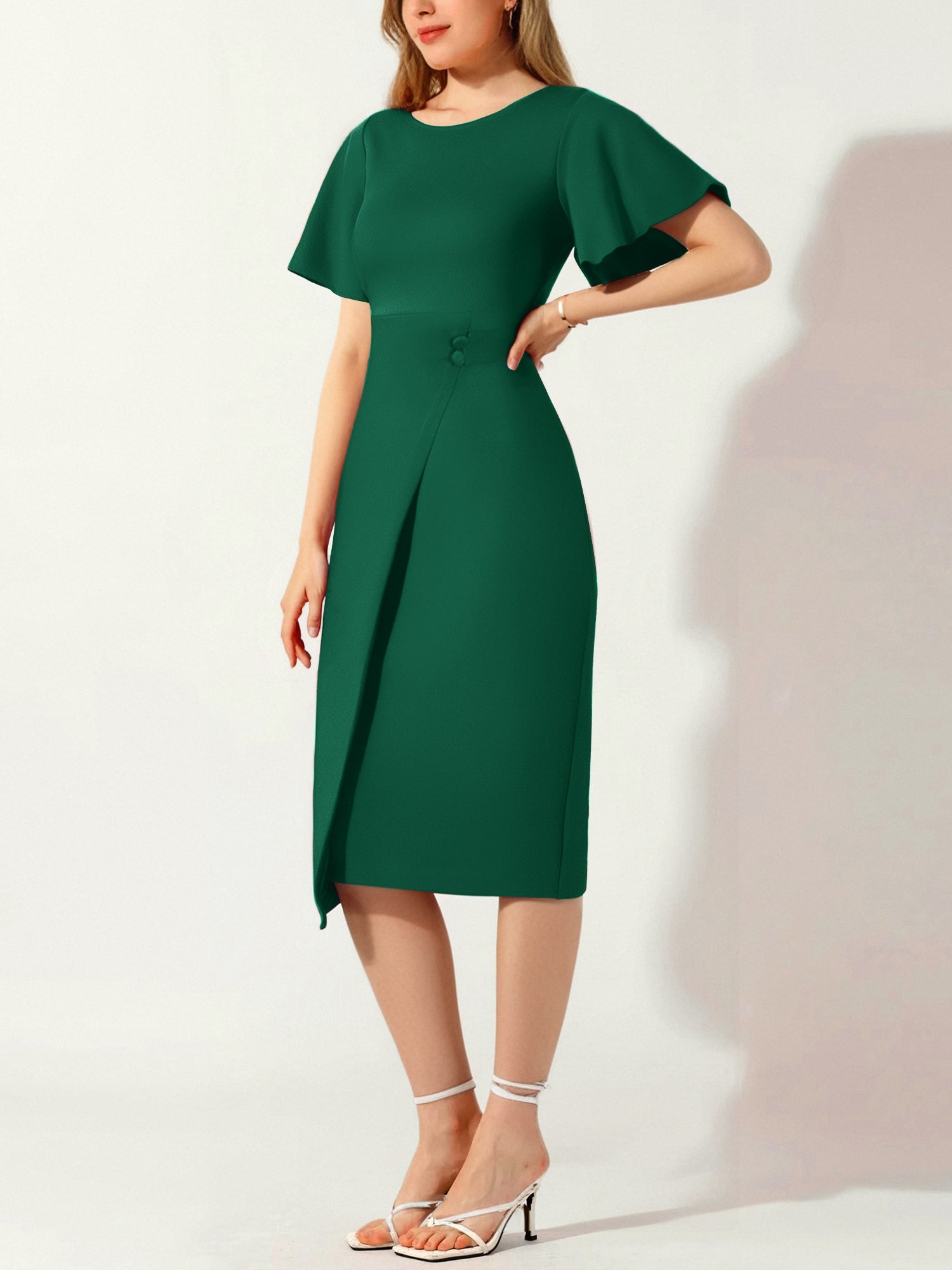 Elegant Flutter Ruffles Short Sleeves Solid Color Midi Slim Sheath Office Dress