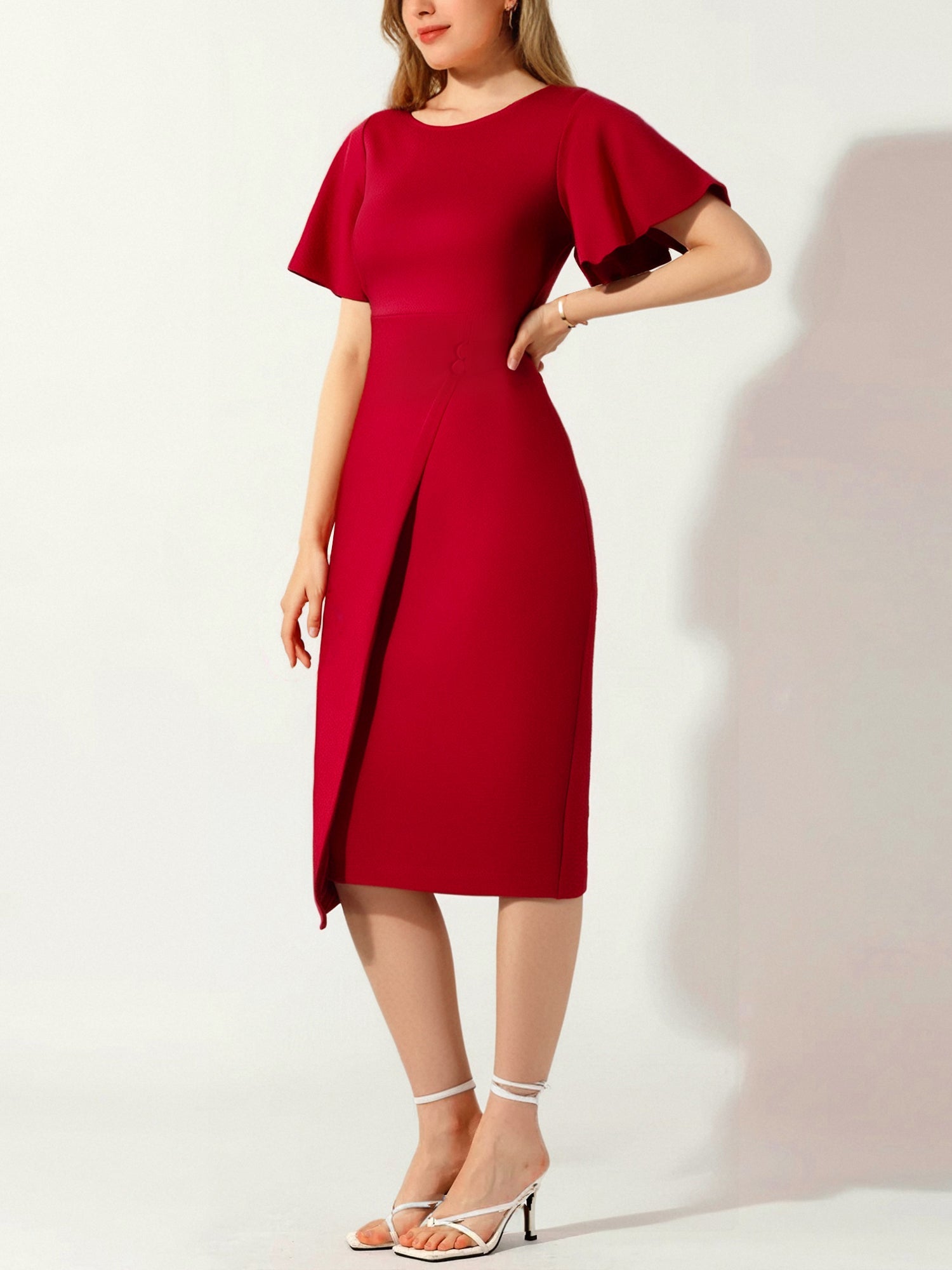 Elegant Flutter Ruffles Short Sleeves Solid Color Midi Slim Sheath Office Dress