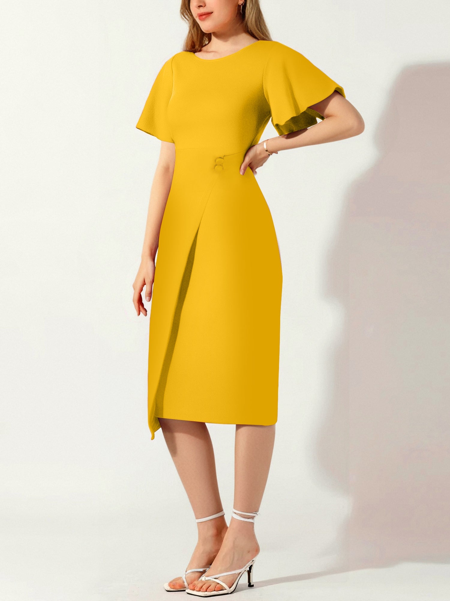 Elegant Flutter Ruffles Short Sleeves Solid Color Midi Slim Sheath Office Dress