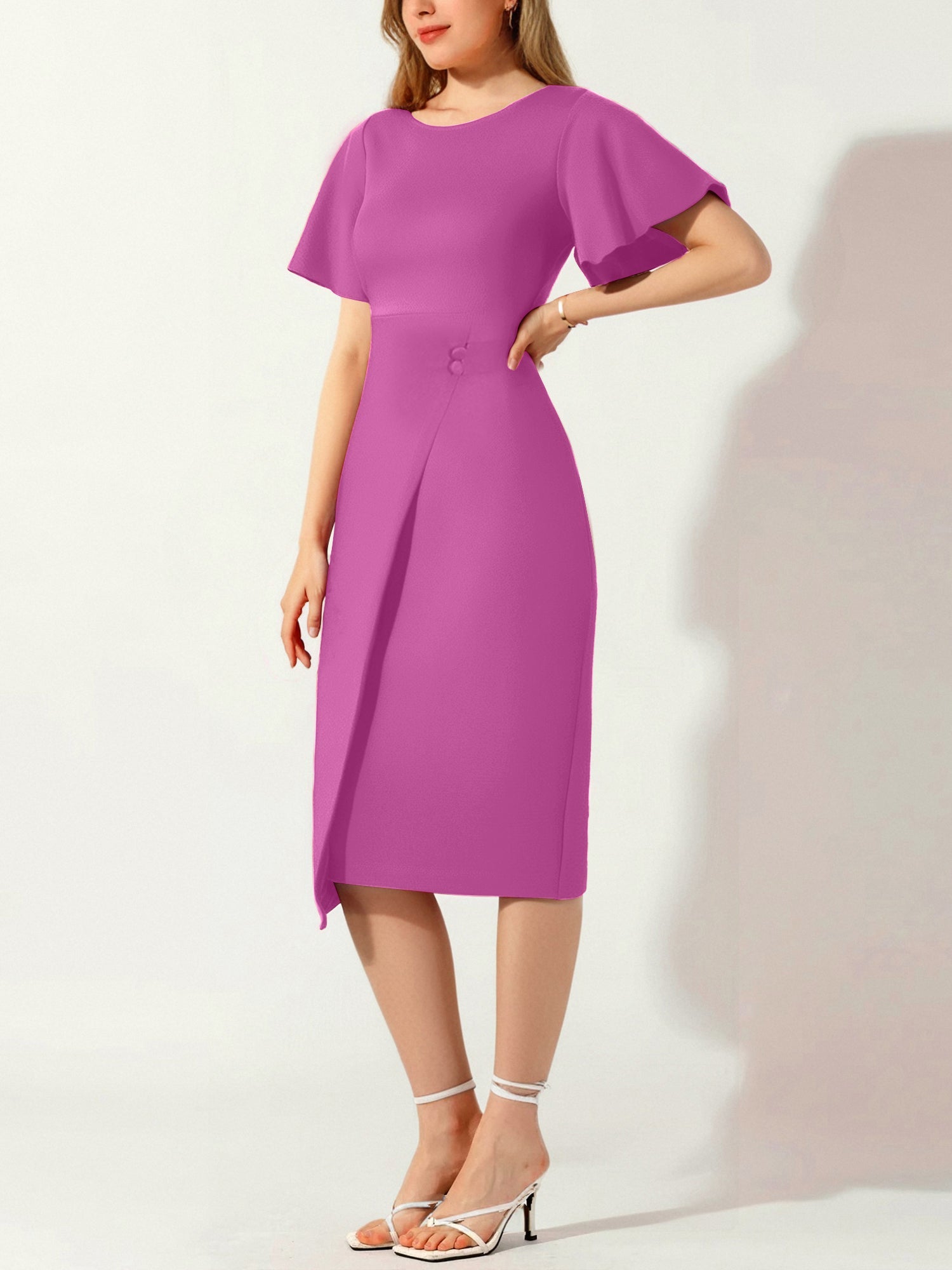 Elegant Flutter Ruffles Short Sleeves Solid Color Midi Slim Sheath Office Dress