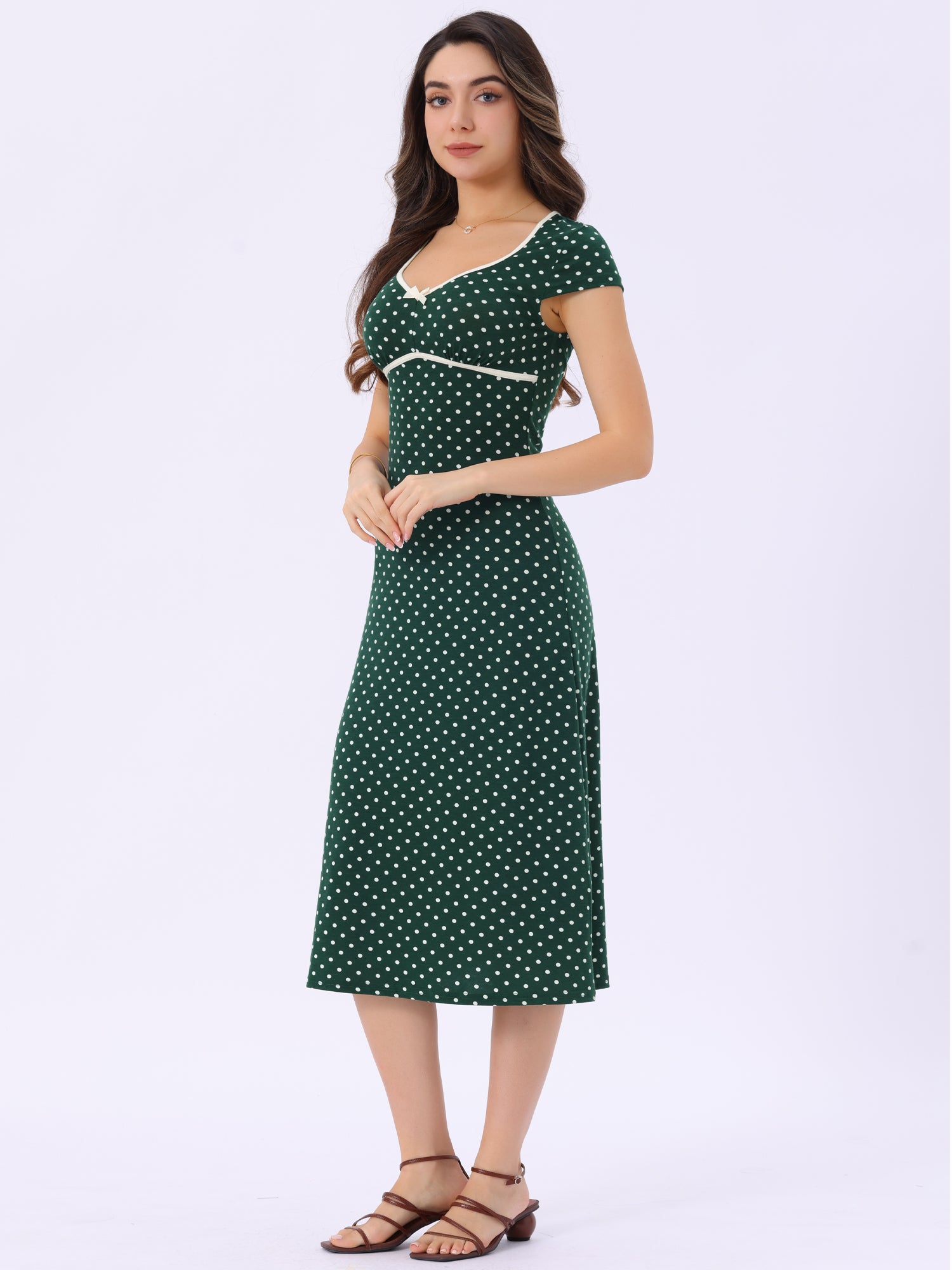 V Neck Cap Sleeve Polka Dots Vintage Midi Dress