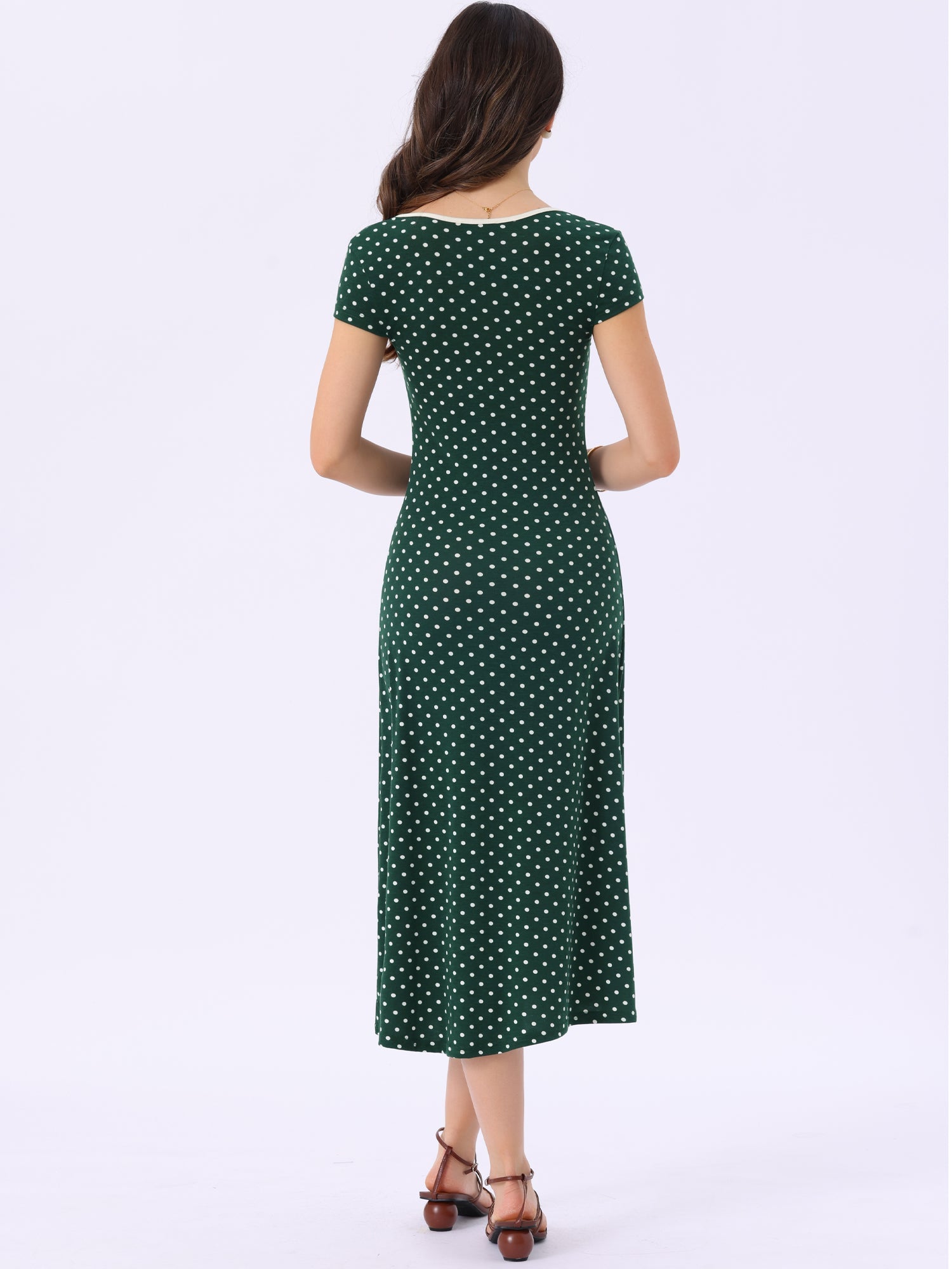 V Neck Cap Sleeve Polka Dots Vintage Midi Dress
