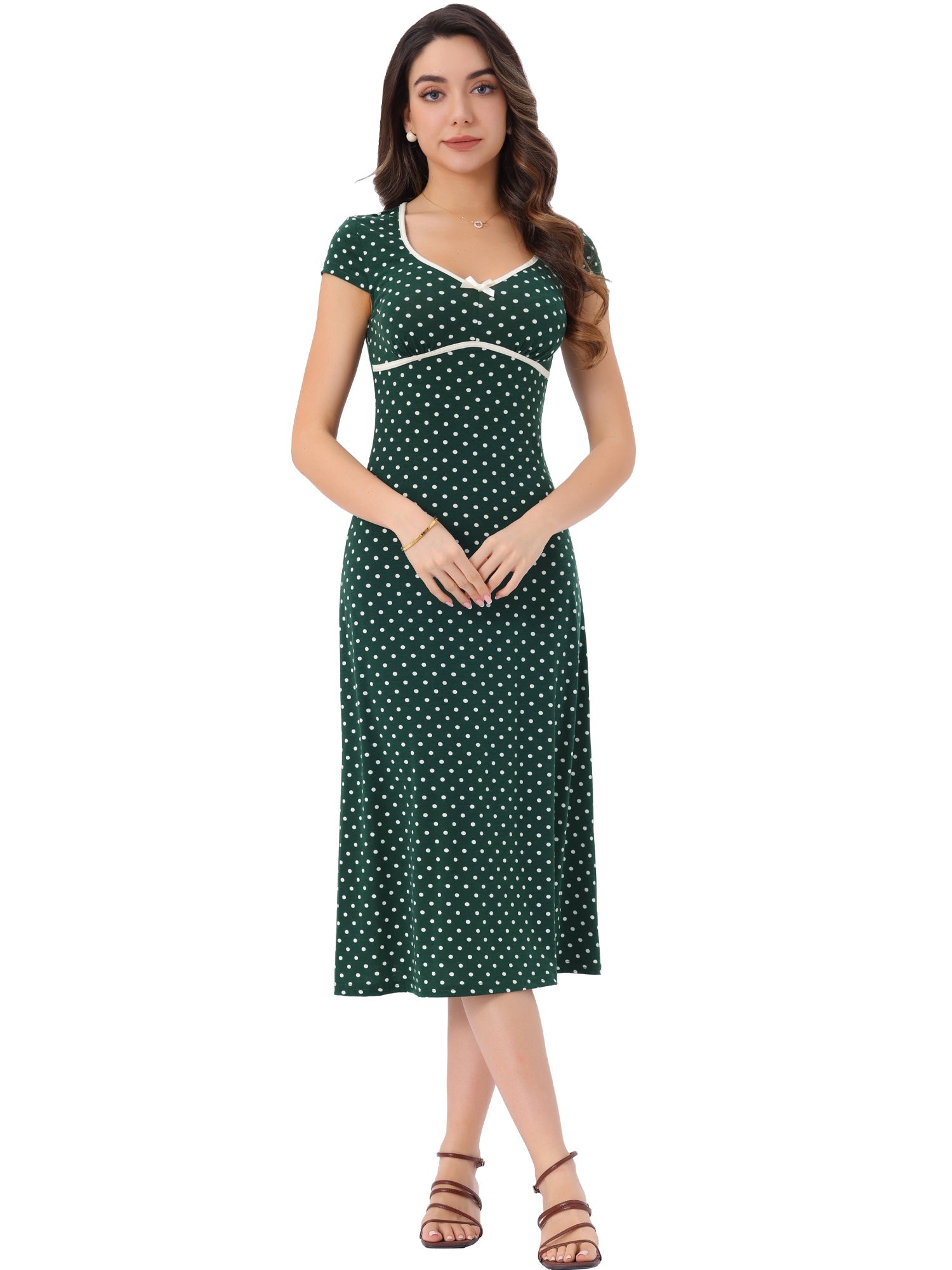 V Neck Cap Sleeve Polka Dots Vintage Midi Dress
