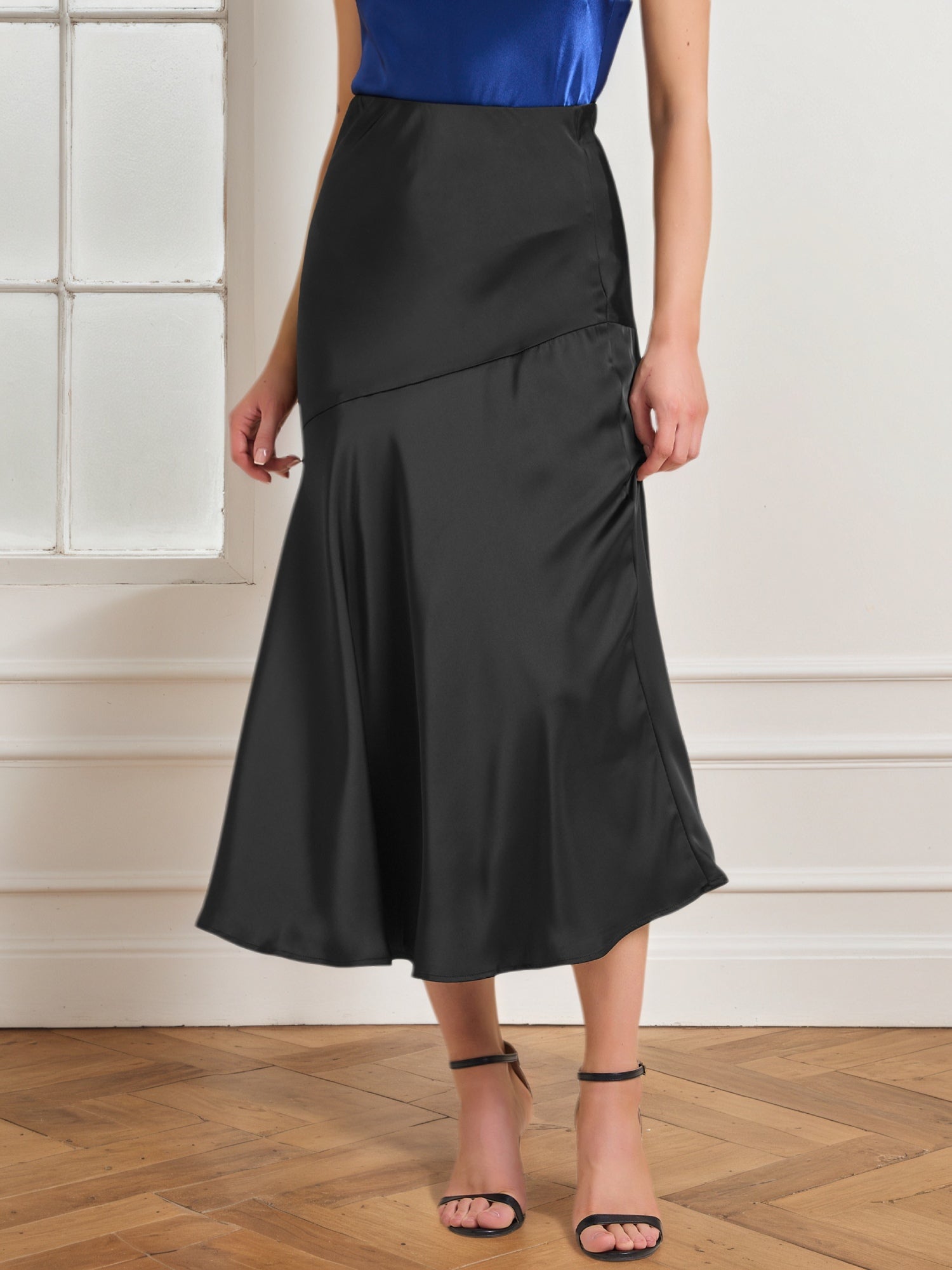 High Waist Flowy Work Satin Solid Color Maxi Skirt