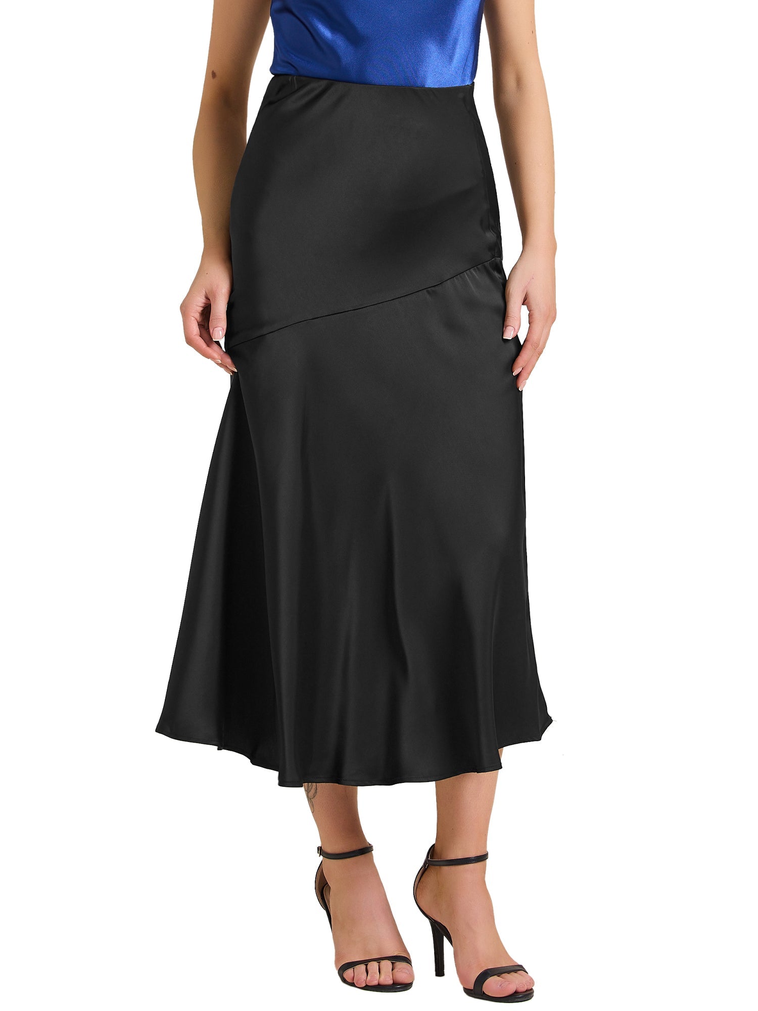 High Waist Flowy Work Satin Solid Color Maxi Skirt