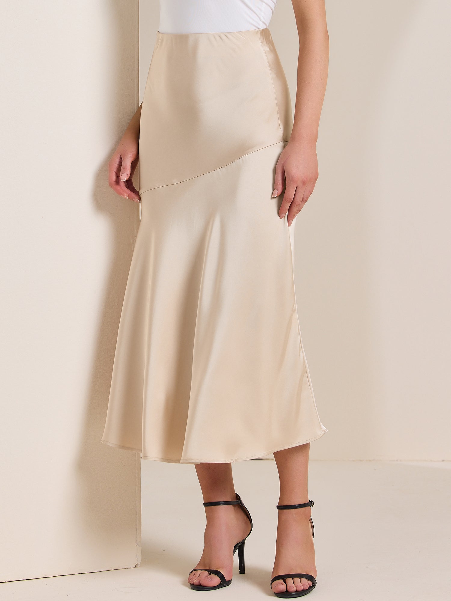High Waist Flowy Work Satin Solid Color Maxi Skirt