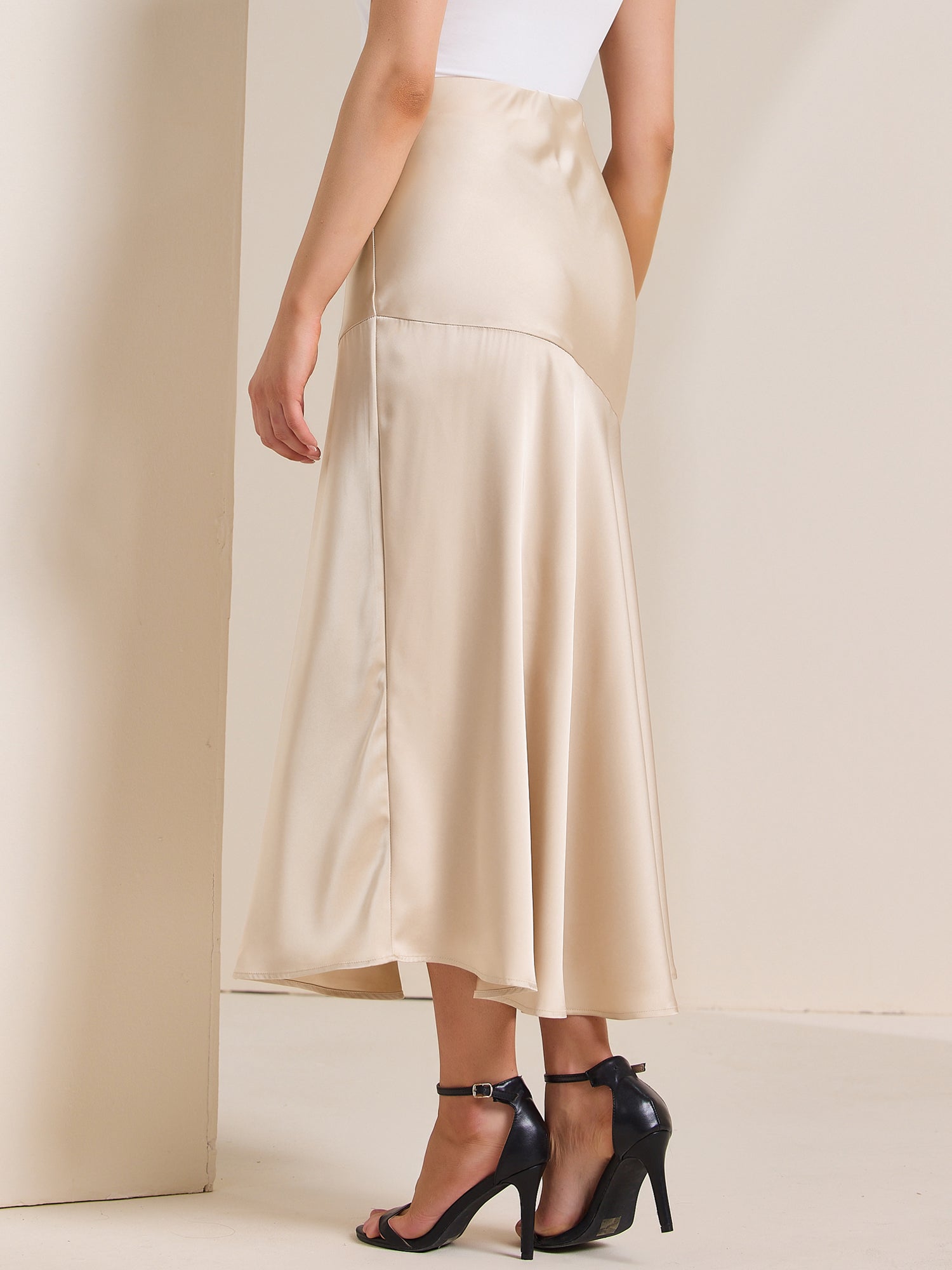 High Waist Flowy Work Satin Solid Color Maxi Skirt