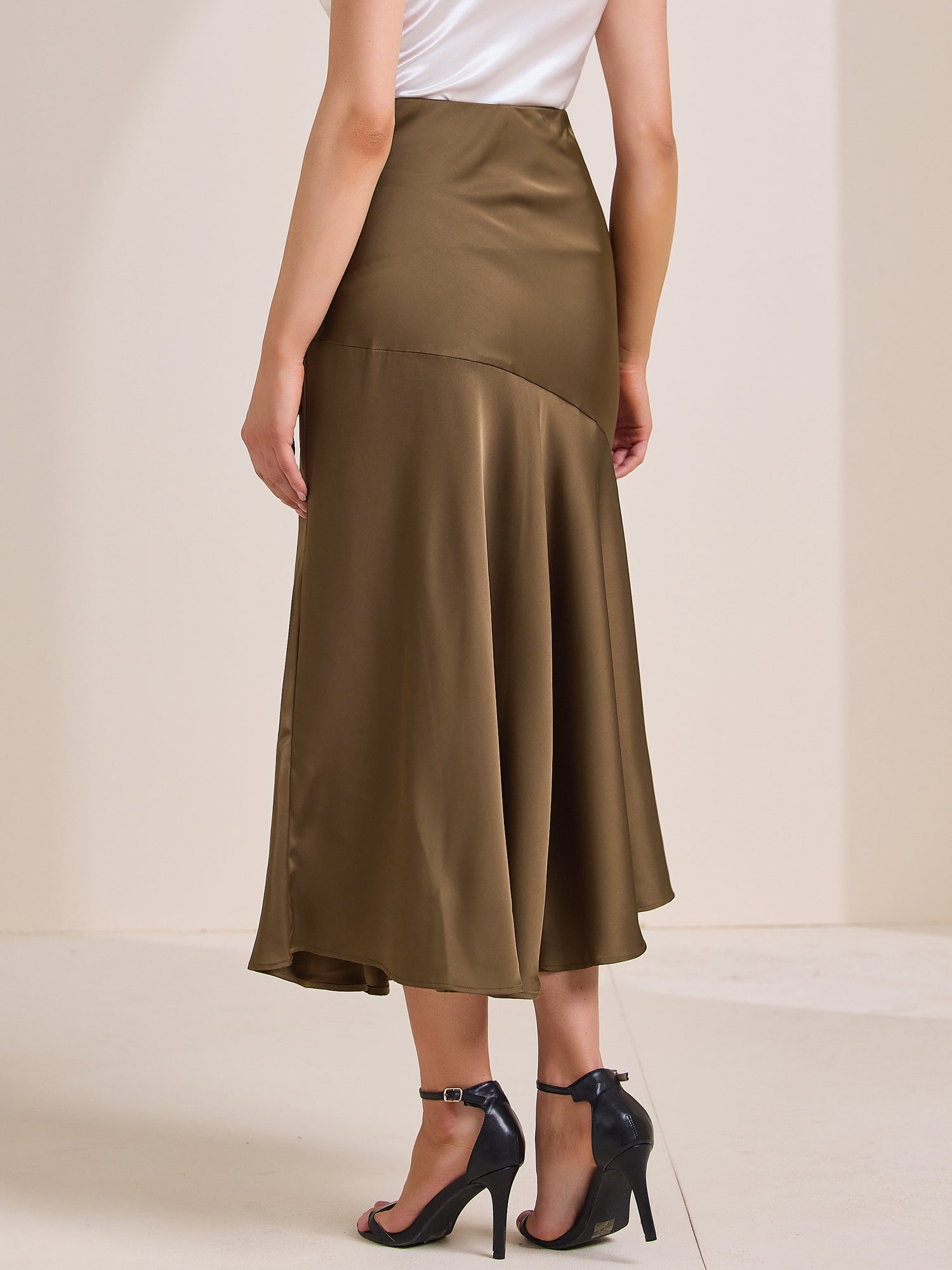 High Waist Flowy Work Satin Solid Color Maxi Skirt