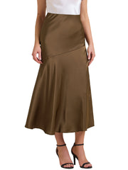 High Waist Flowy Work Satin Solid Color Maxi Skirt