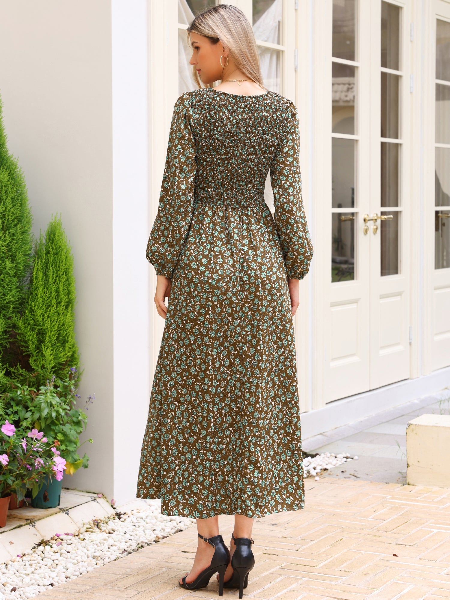 Floral Smocked Long Puff Sleeve A-Line Maxi Dress