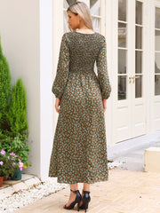 Floral Smocked Long Puff Sleeve A-Line Maxi Dress