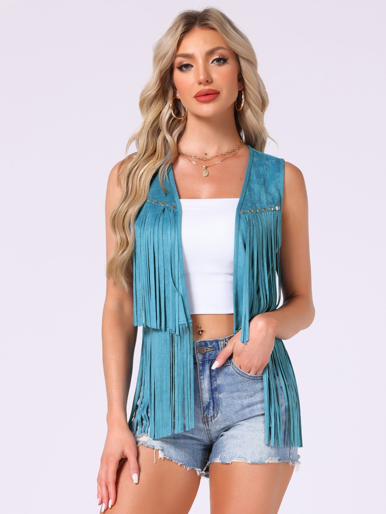 Fringe Open Front 70s Outfits Faux Suede Tassel Vest