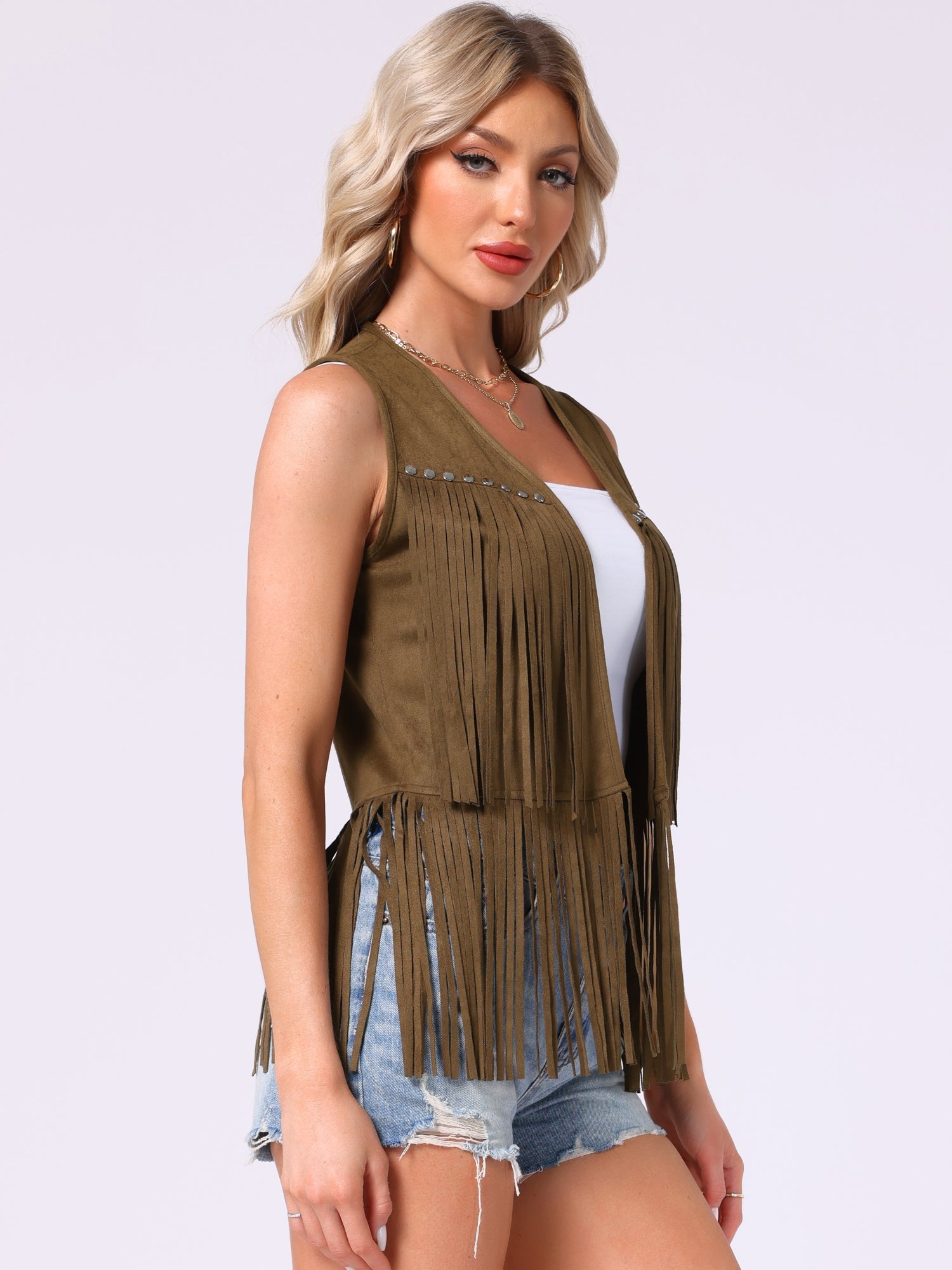 Fringe Open Front 70s Outfits Faux Suede Tassel Vest