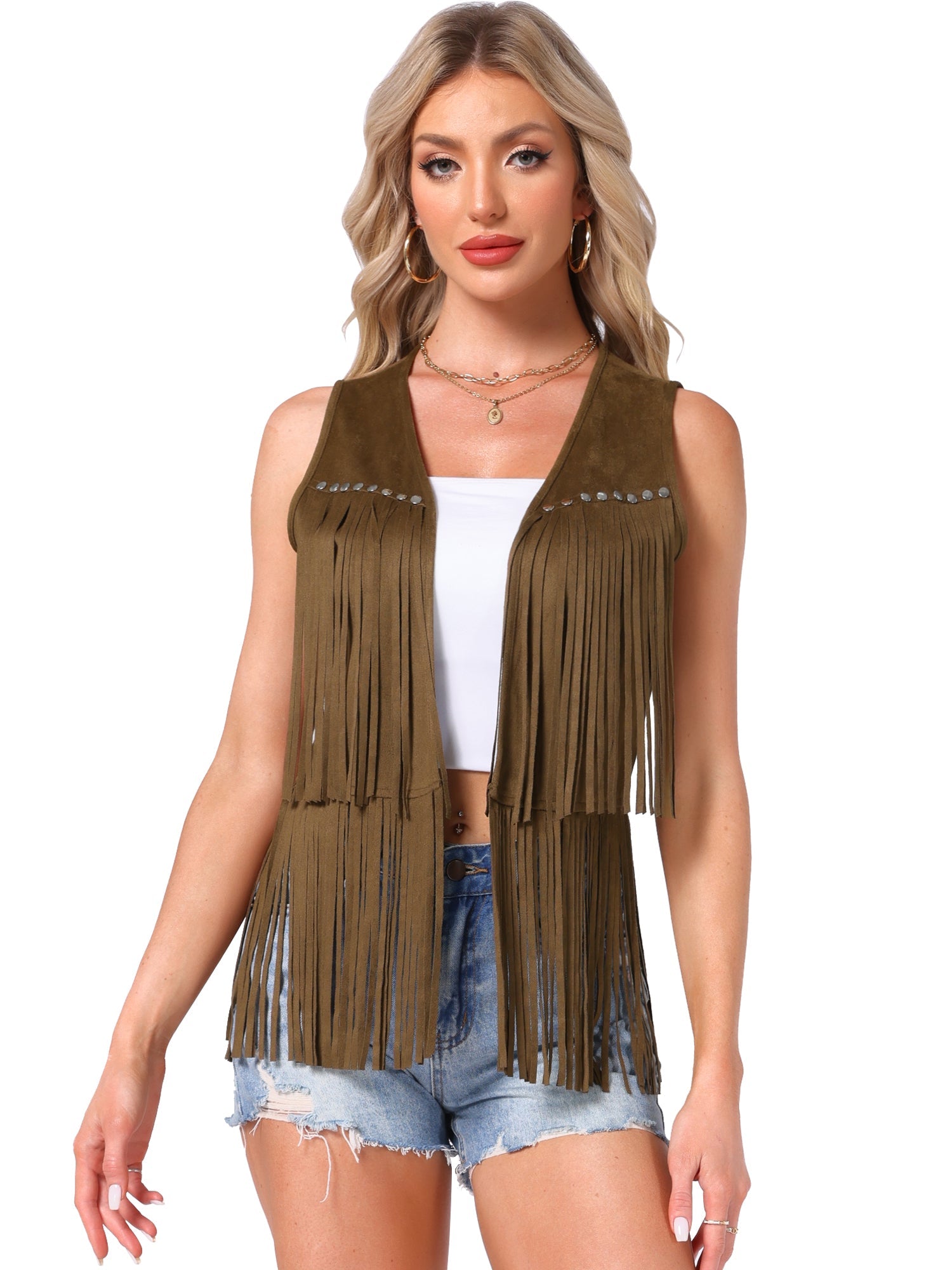 Fringe Open Front 70s Outfits Faux Suede Tassel Vest