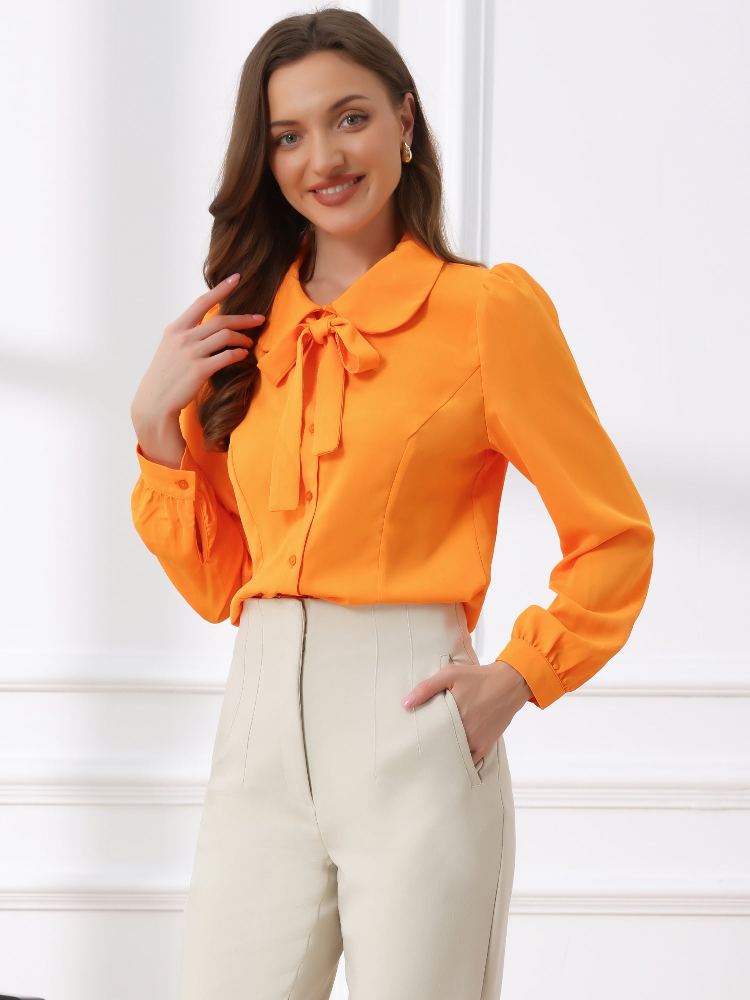 Peter Pan Collar Chiffon Bow Tie Neck Puff Sleeve Button Blouse