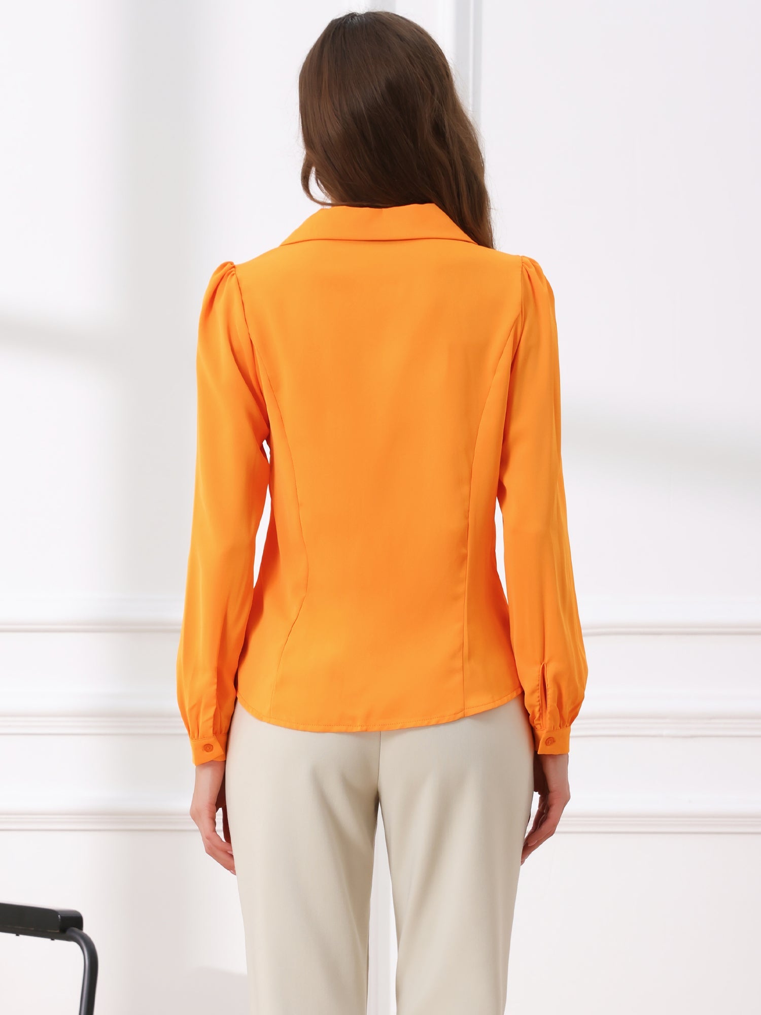 Peter Pan Collar Chiffon Bow Tie Neck Puff Sleeve Button Blouse