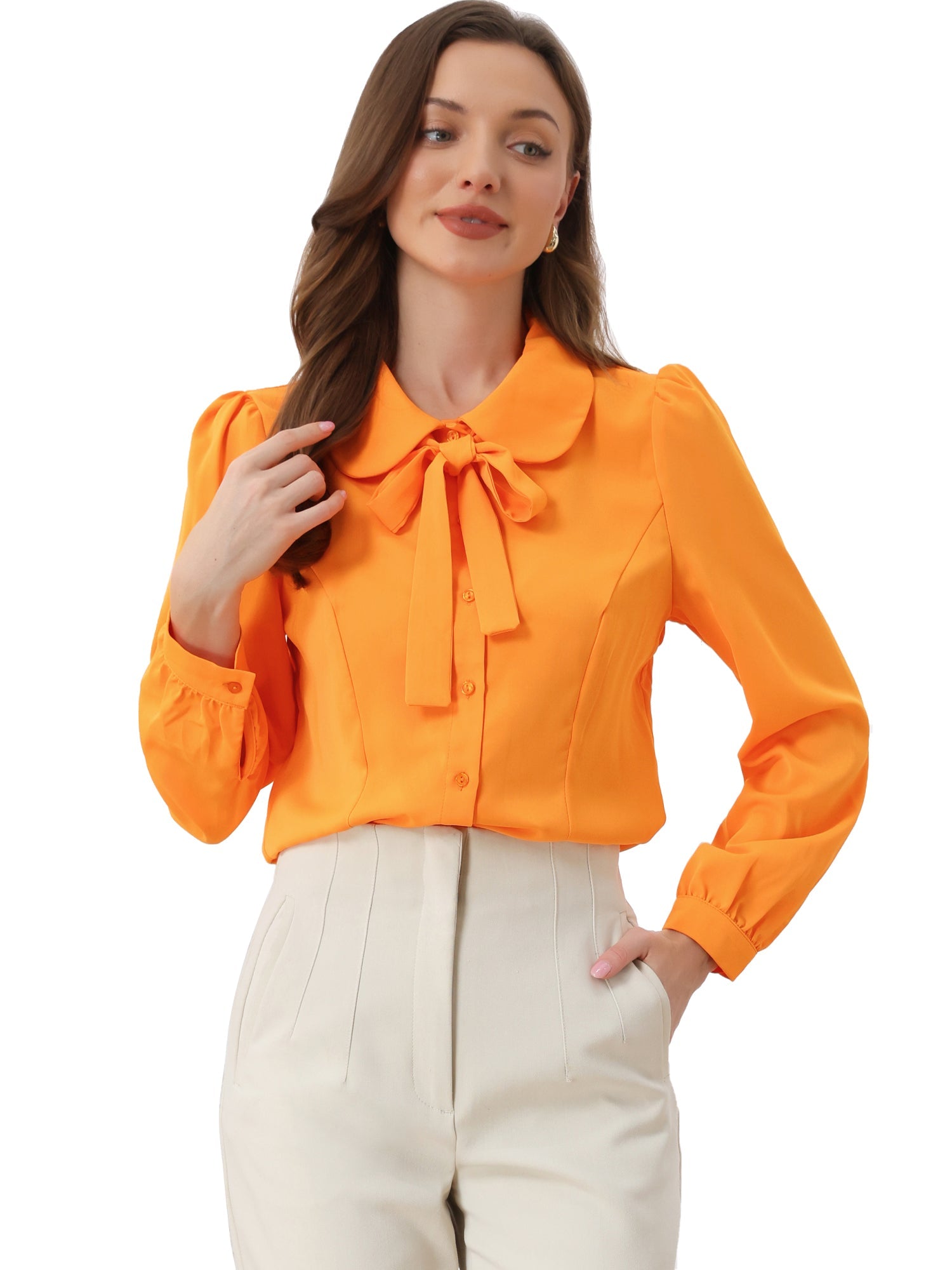 Peter Pan Collar Chiffon Bow Tie Neck Puff Sleeve Button Blouse
