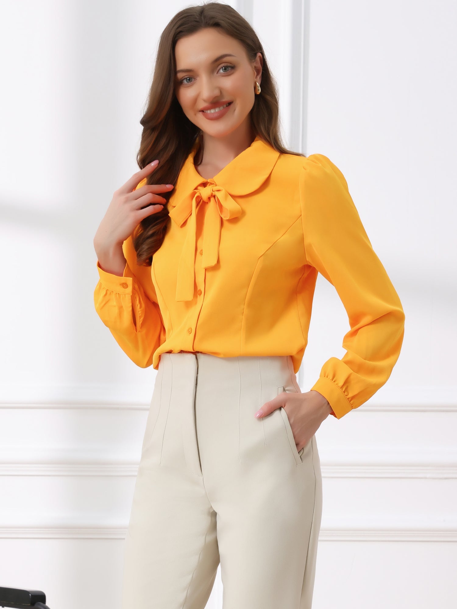 Peter Pan Collar Chiffon Bow Tie Neck Puff Sleeve Button Blouse