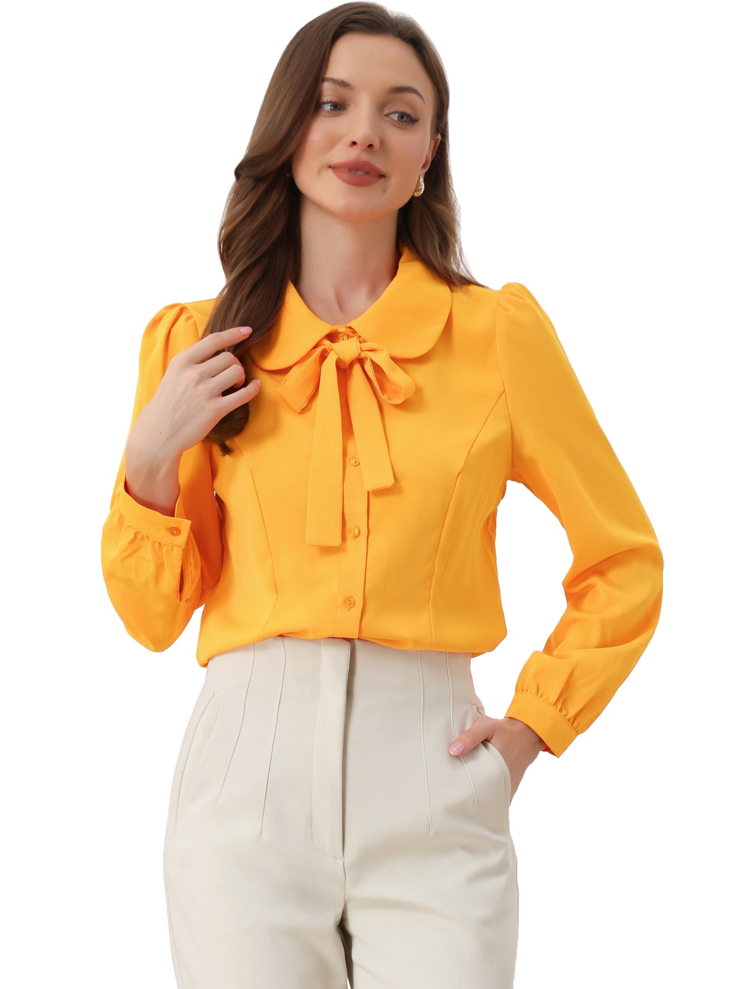 Peter Pan Collar Chiffon Bow Tie Neck Puff Sleeve Button Blouse