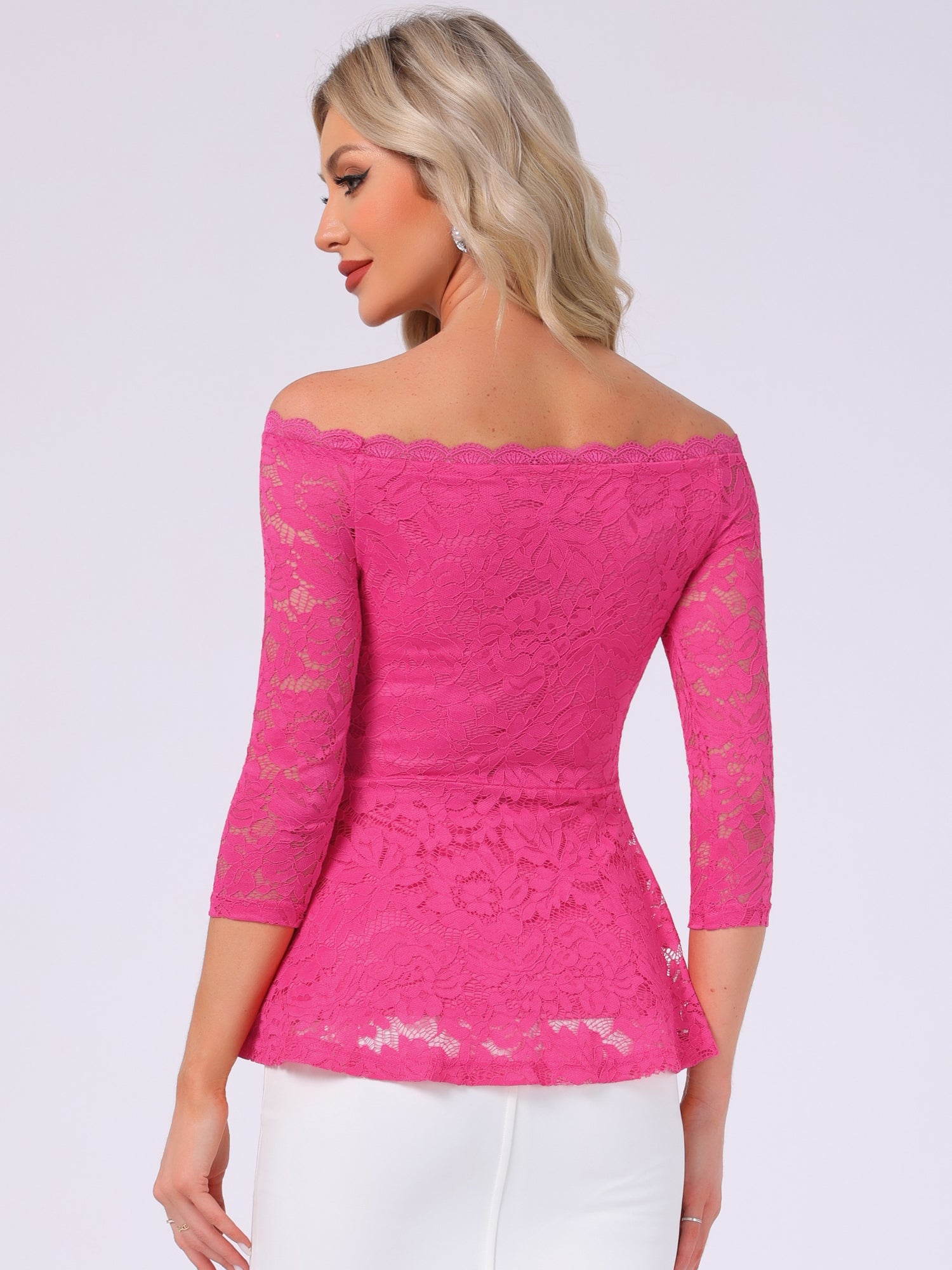 Elegant Lace Blouse Semi Sheer 3/4 Sleeve Off Shoulder Peplum Top