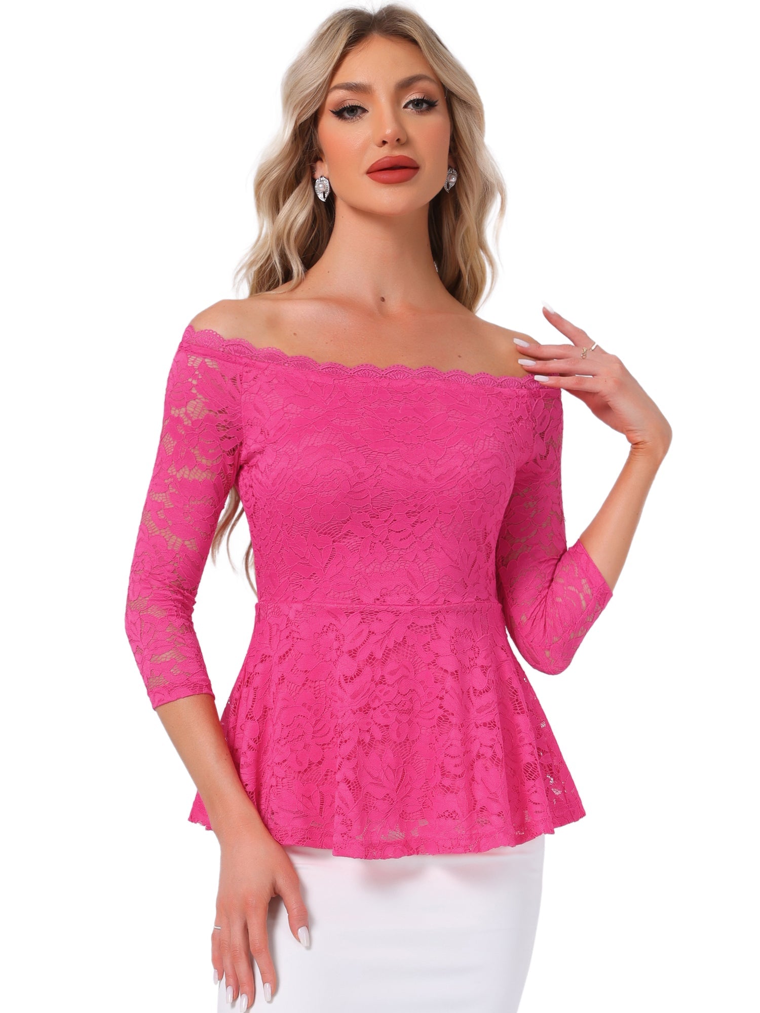Elegant Lace Blouse Semi Sheer 3/4 Sleeve Off Shoulder Peplum Top