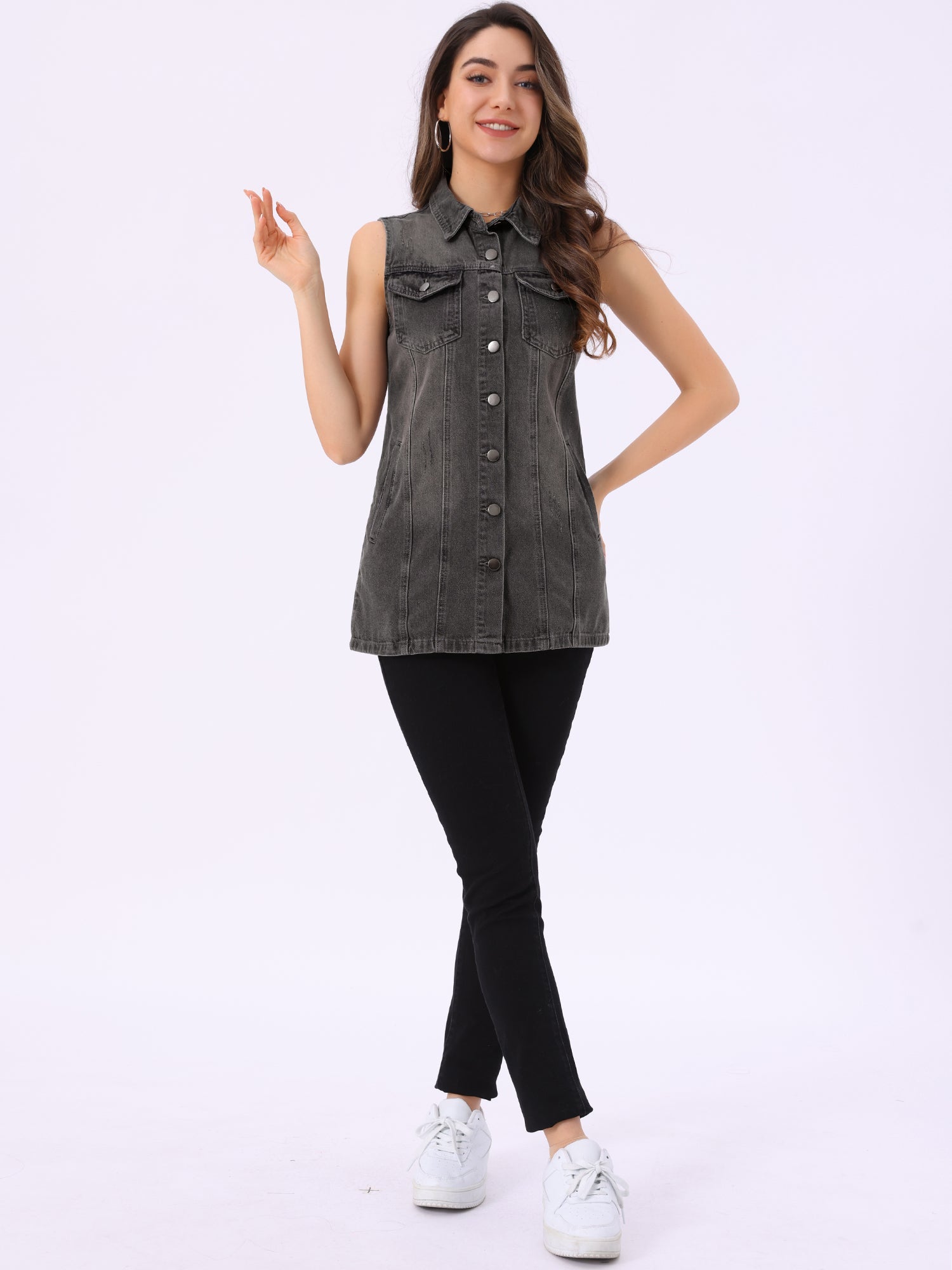 Casual Button Down Waistcoat Sleeveless Mid Long Denim Vest