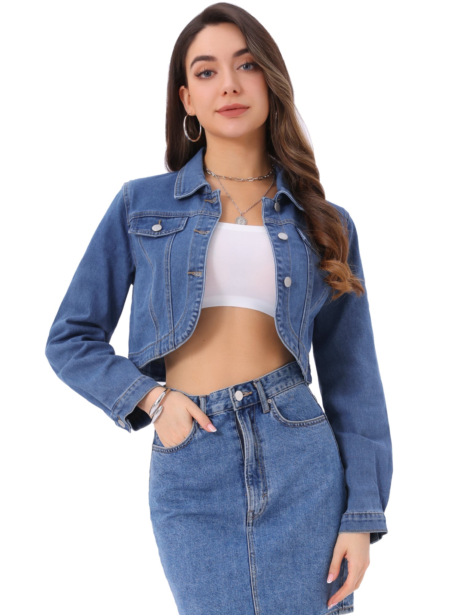Collared Button Down Long Sleeve Denim Crop Jean Jacket
