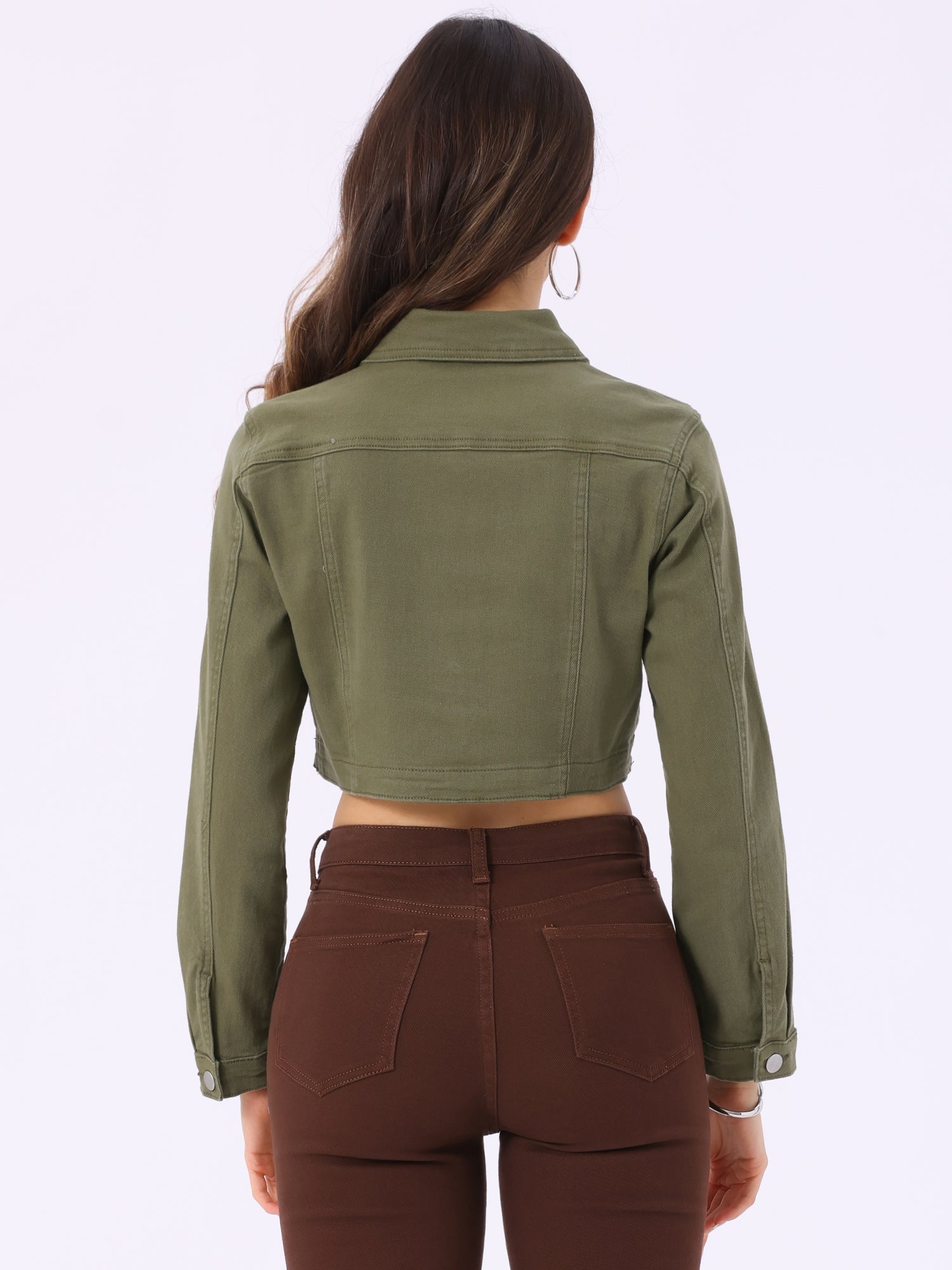 Collared Button Down Long Sleeve Denim Crop Jean Jacket
