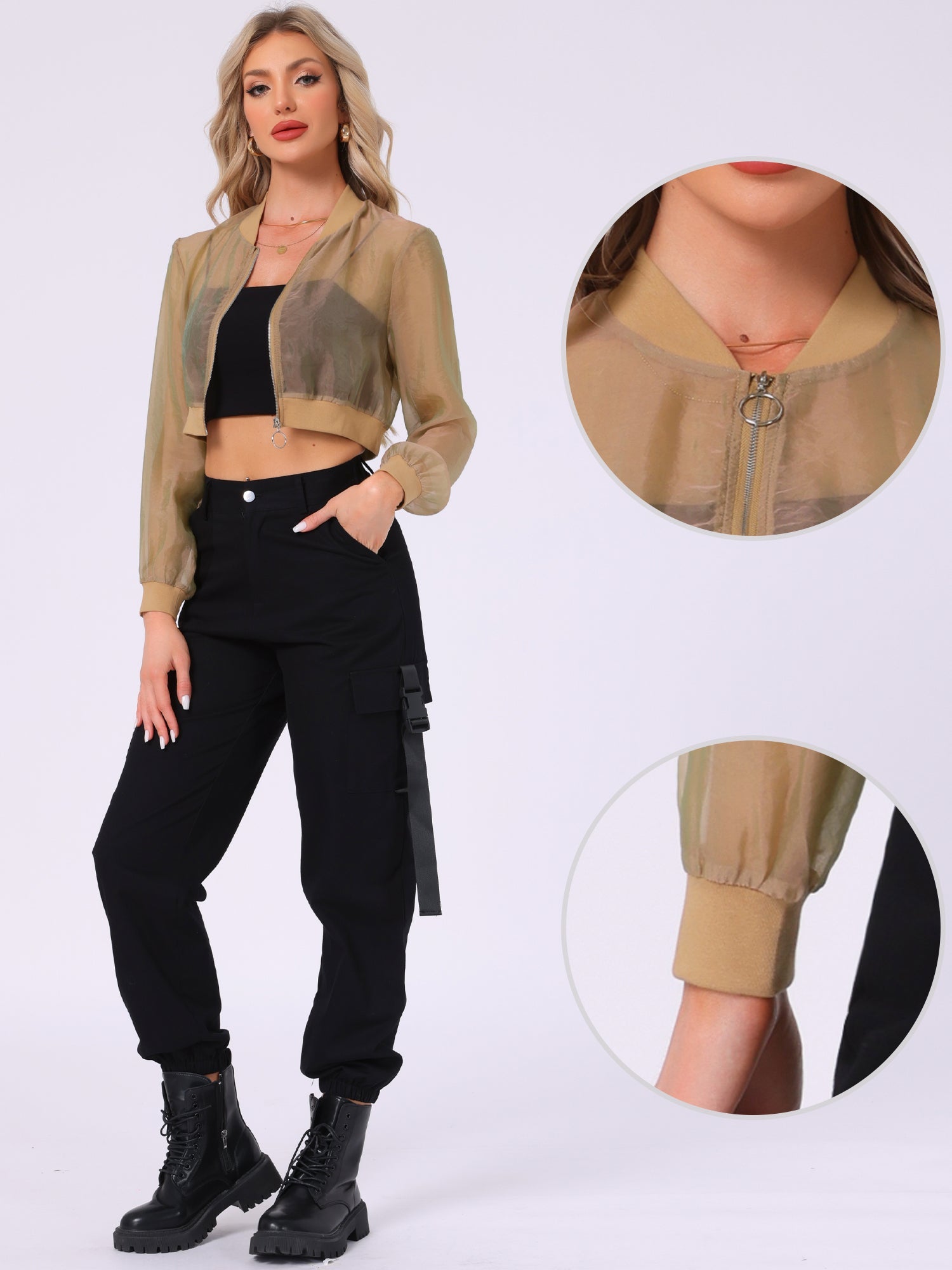 Bomber Long Sleeve Crop Mesh Sheer Zip Up Jackets