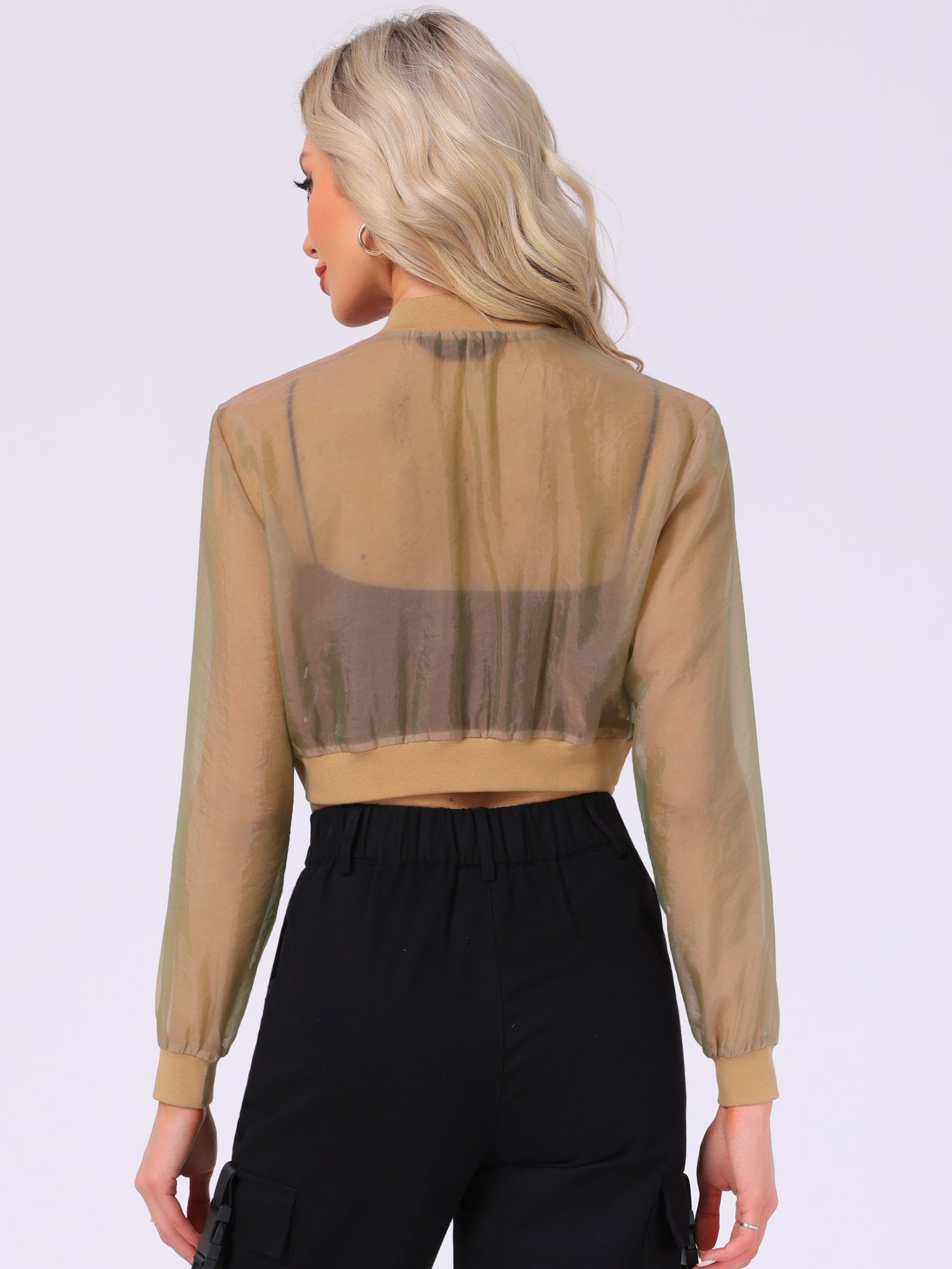 Bomber Long Sleeve Crop Mesh Sheer Zip Up Jackets