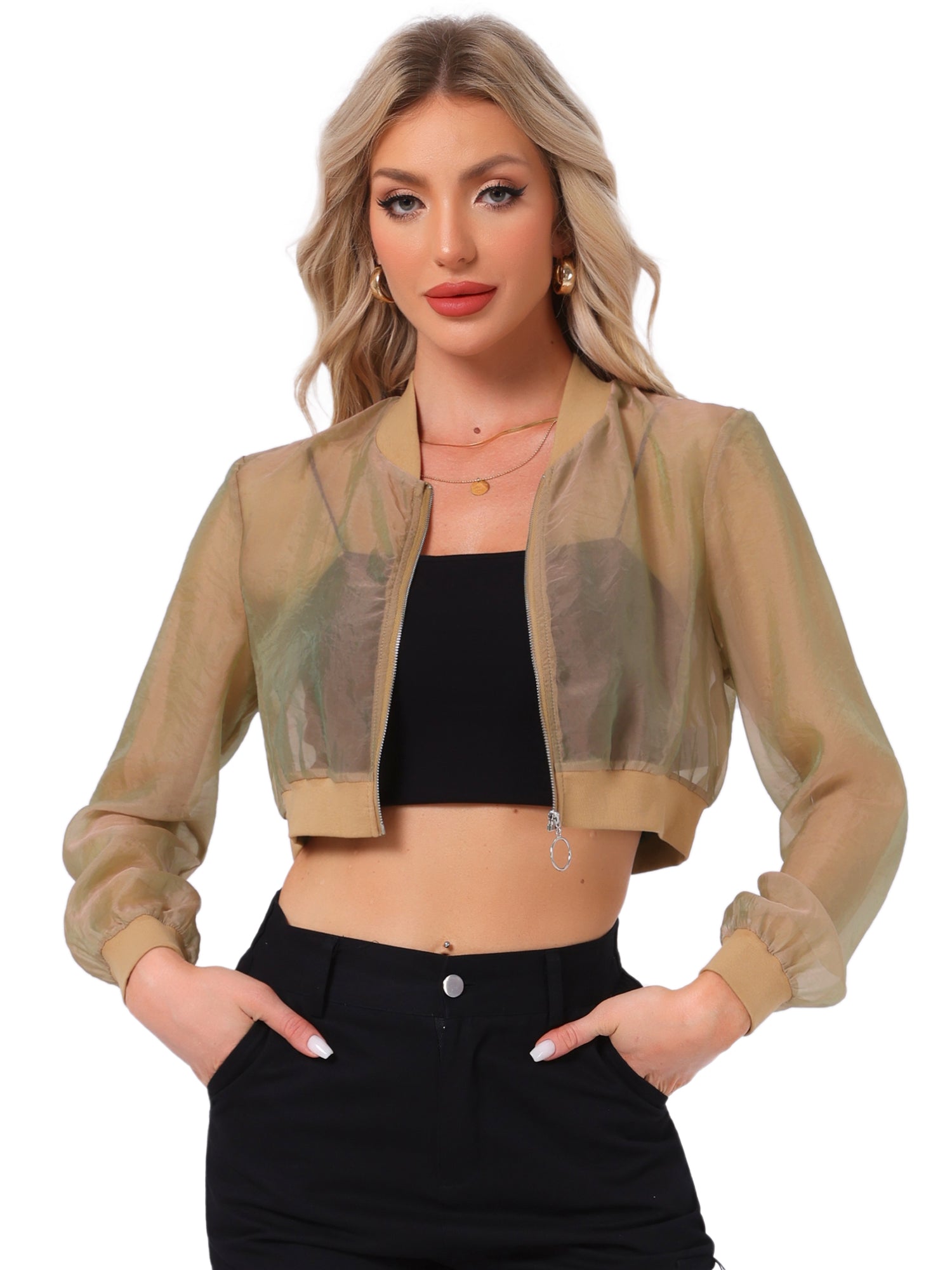 Bomber Long Sleeve Crop Mesh Sheer Zip Up Jackets