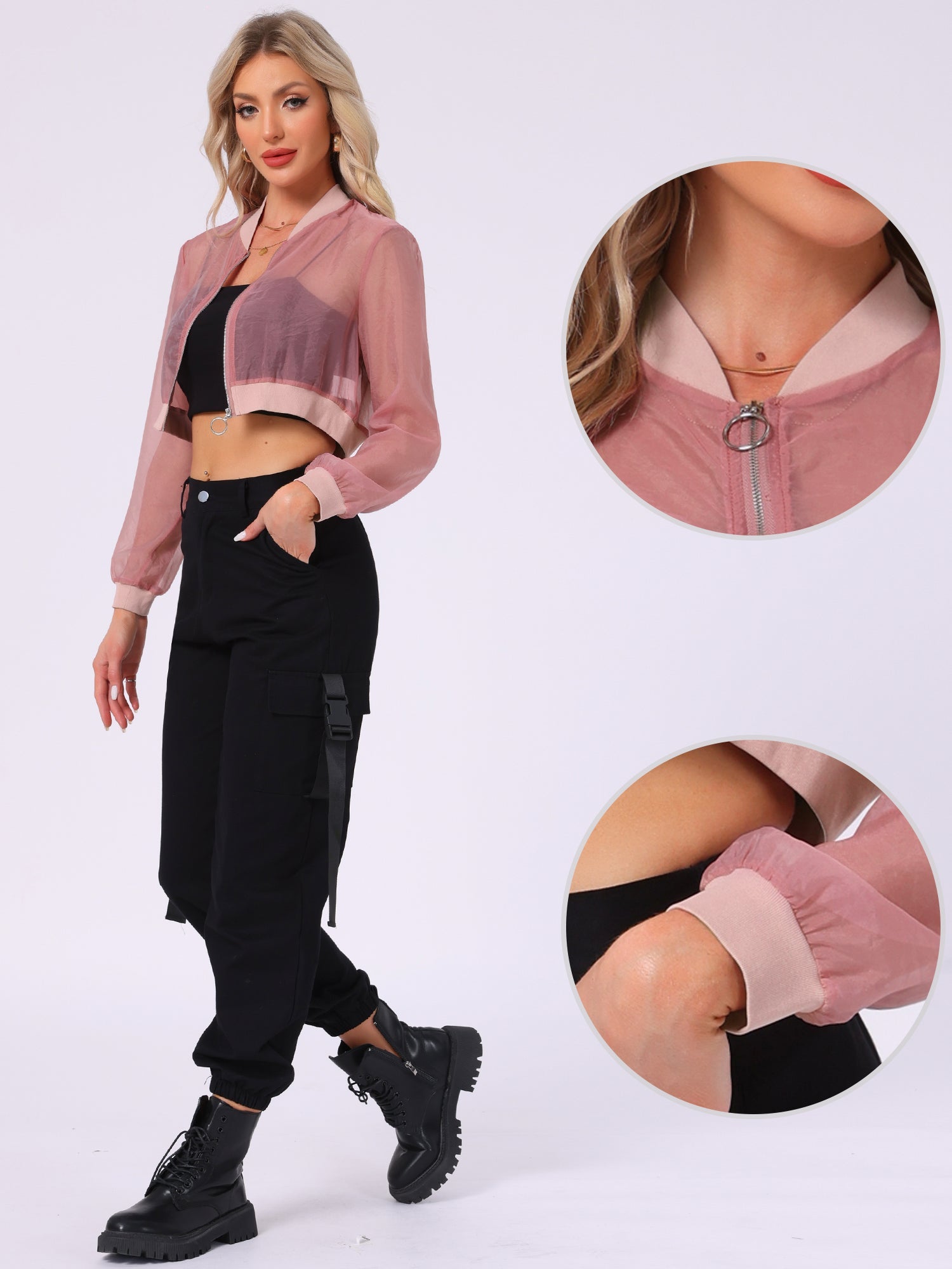 Bomber Long Sleeve Crop Mesh Sheer Zip Up Jackets