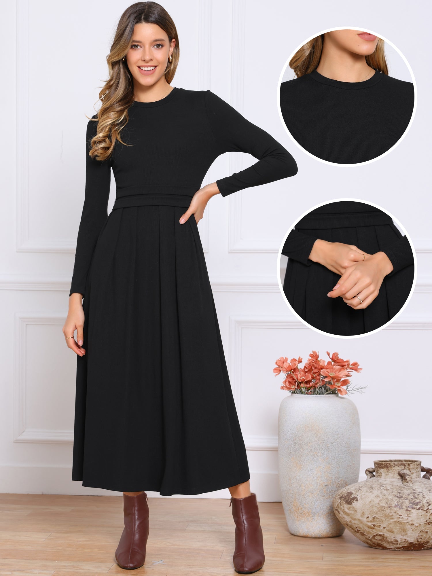 Crew Neck Long Sleeve Pocketed A-Line Sweater Dresses