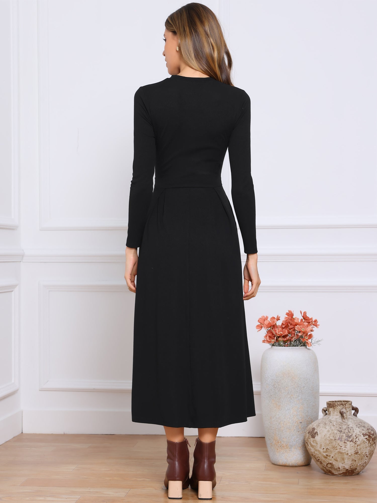 Crew Neck Long Sleeve Pocketed A-Line Sweater Dresses