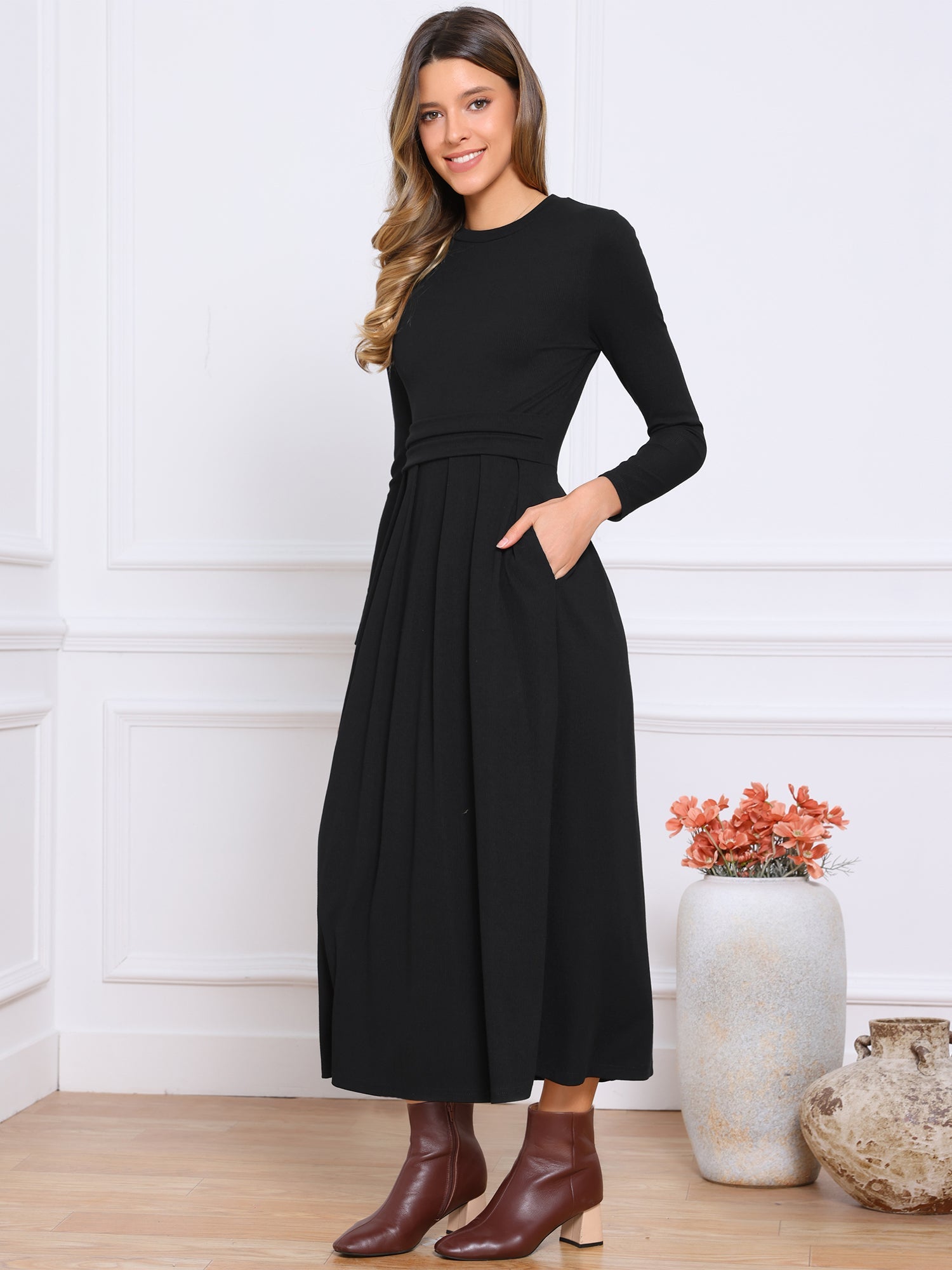 Crew Neck Long Sleeve Pocketed A-Line Sweater Dresses