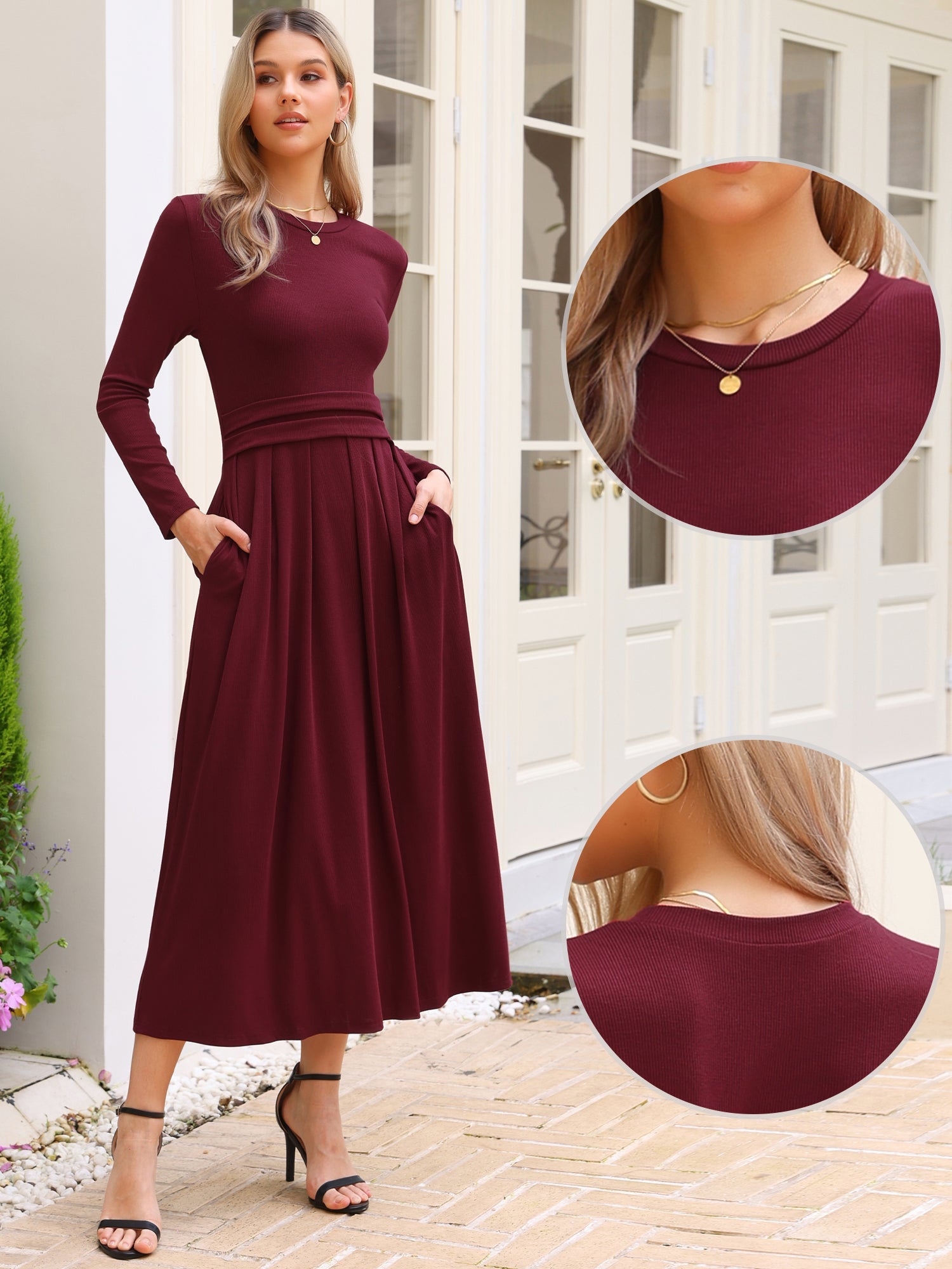 Crew Neck Long Sleeve Pocketed A-Line Sweater Dresses