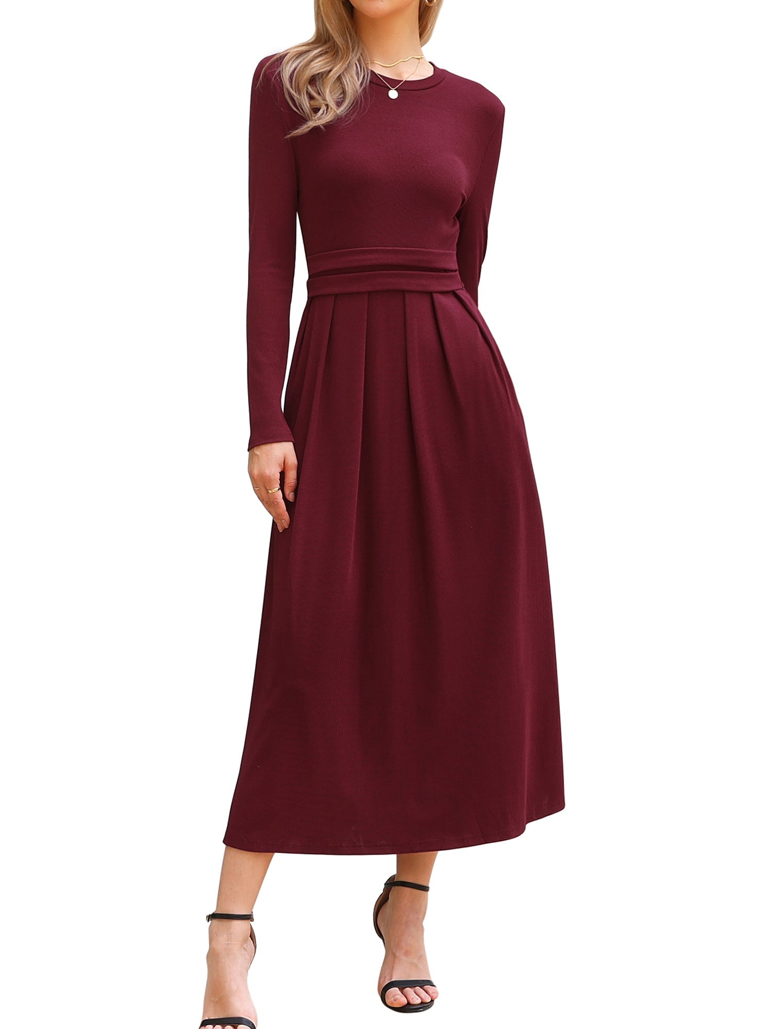 Crew Neck Long Sleeve Pocketed A-Line Sweater Dresses