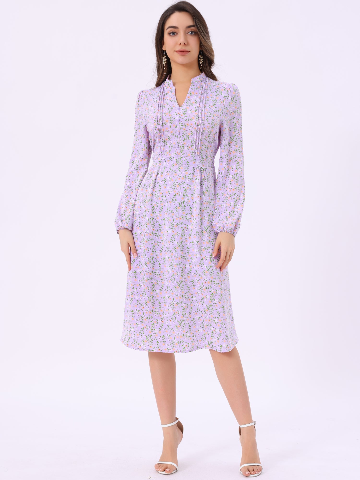 Floral Print Long Sleeve Spring Flowy Midi Boho Dress