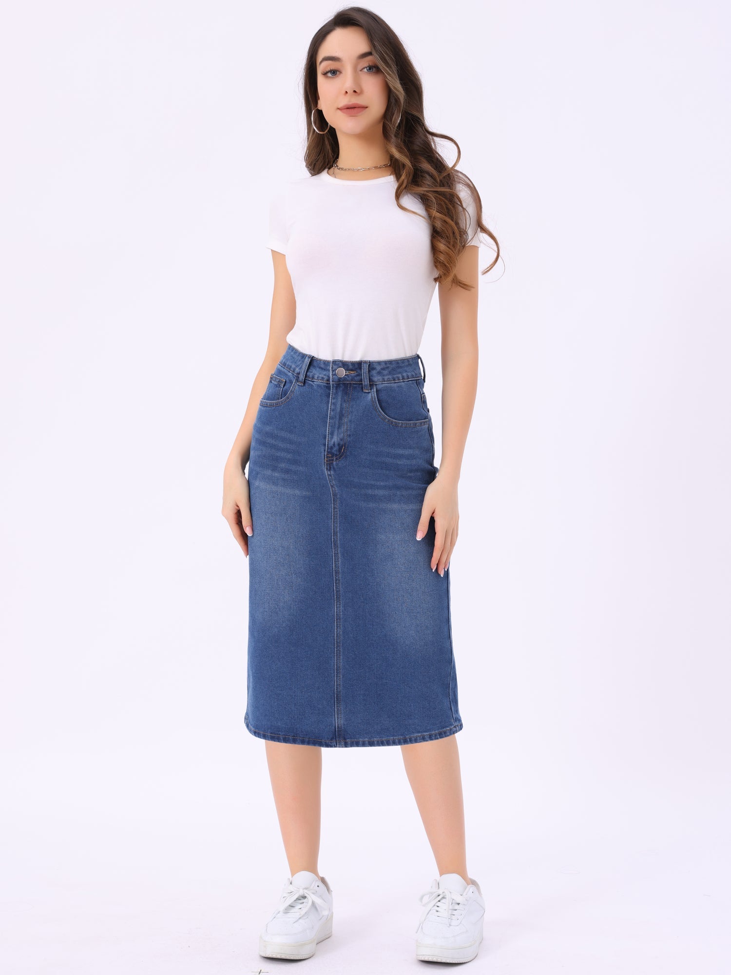 Casual Denim High Waist Stretchy Midi Pencil Jean Skirt