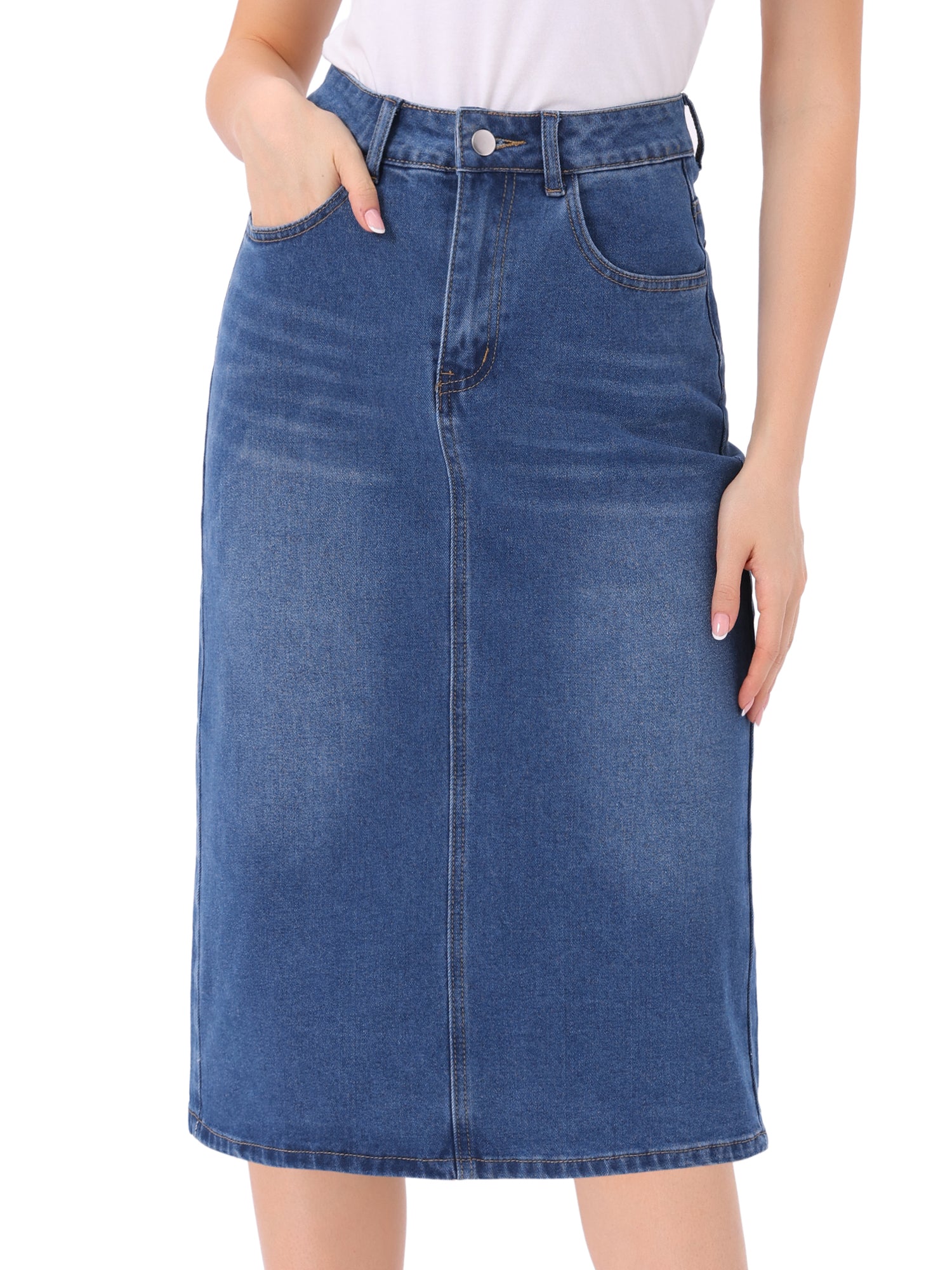 Casual Denim High Waist Stretchy Midi Pencil Jean Skirt